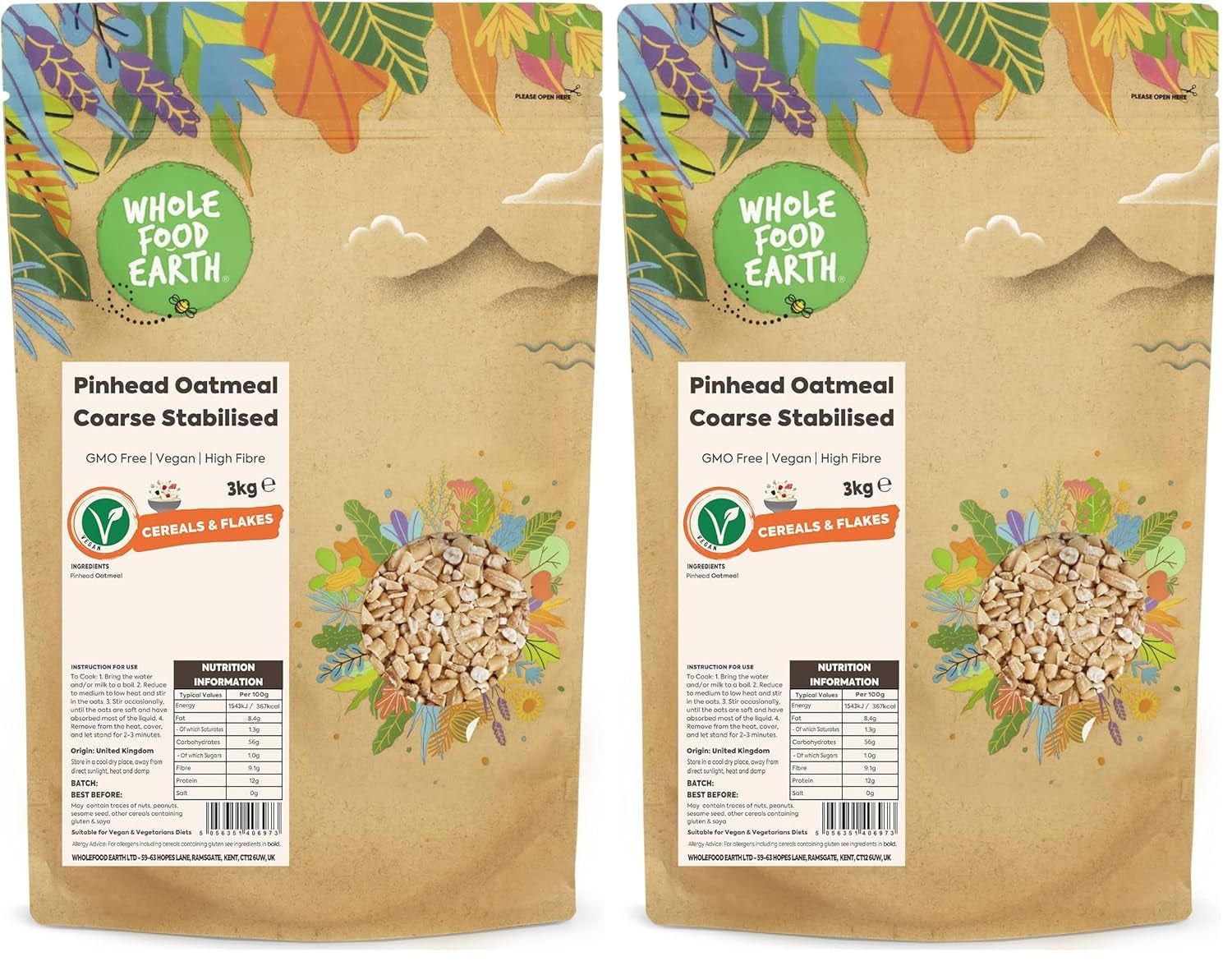 Wholefood Earth Pinhead Haferflocken grob stabilisiert 3 kg | GVO-frei | Reich an Ballaststoffen