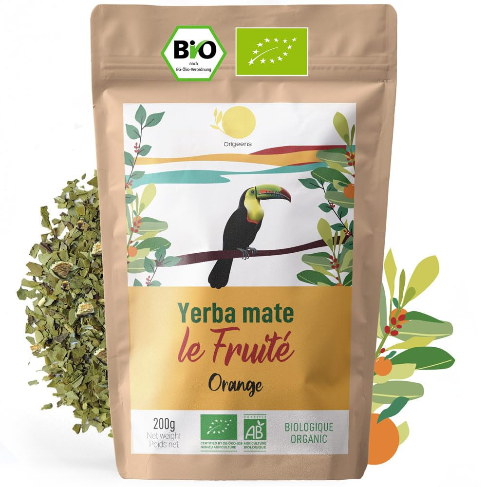 ORIGEENS BIO YERBA MATE mit Orangen 200 G – Fruchtiger Tee I Ungerösteter Bio-Yerba Mate-Tee, ohne Stiele und Staub I Energetisierendes und entgiftendes Getränk