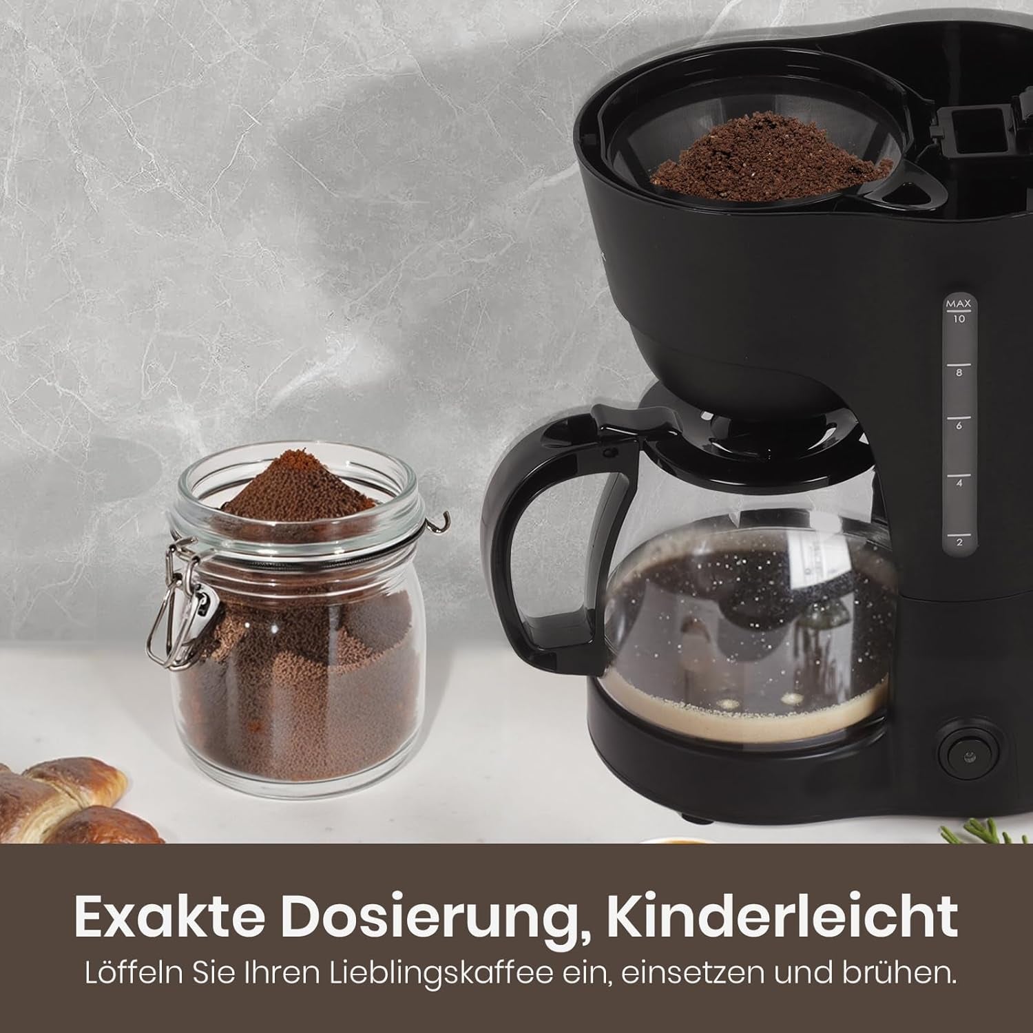 1,25 l Filterkaffeemaschine für 10 Tassen Filterkaffee, spülmaschinenfeste Glaskaraffe, Thermoskanne, Anti-Tropf-System, automatische Abschaltung, 600 W, wasserloser Kochschutz für Zuhause und Büro