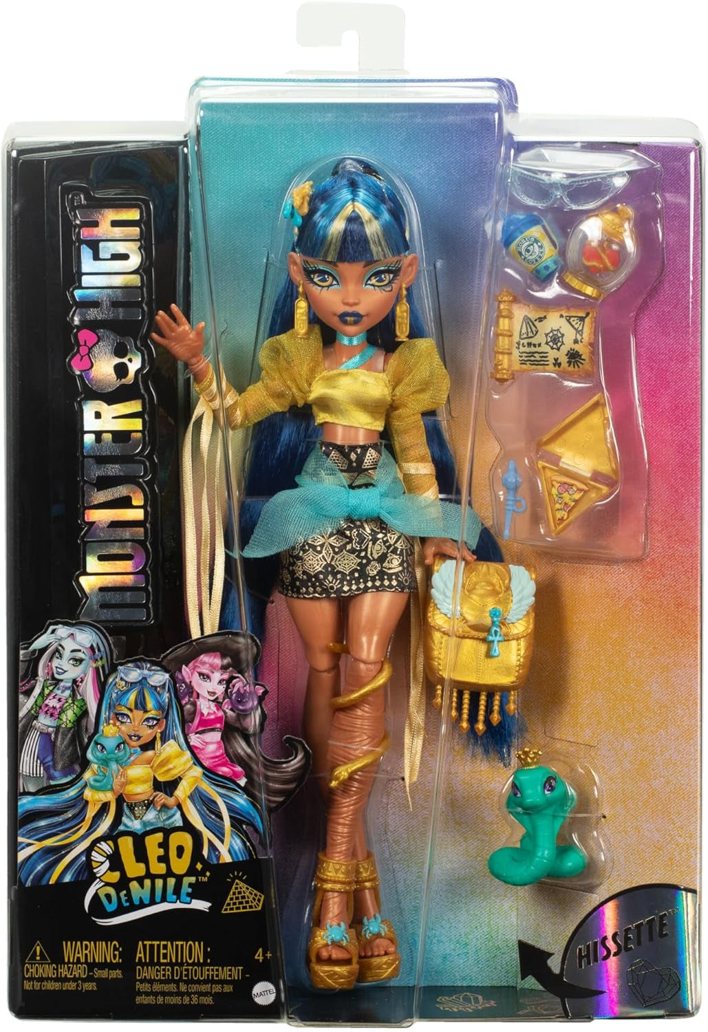 Monster High Cleo De Nile-Puppe in goldener Bluse und Lagenrock, inklusive Cobra Hissette-Haustier und Zubehör wie Rucksack, Snack und Papierrolle, HXH74 Naty Shop-Puppen