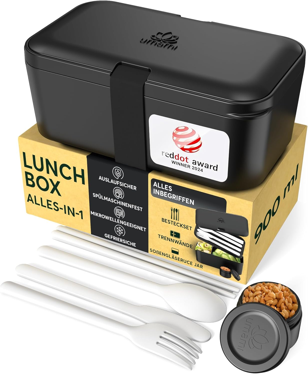 Umami-Lunchbox für Erwachsene, stapelbare Bento-Box mit 4 Besteck und Fächern, Lunchbox für Erwachsene, To-go-Salatbehälter, Picknick-/Büro-Lunchbox, Anthrazitgrau, 1500 ml. Naty Shop Onyx Black Frischhalteboxen – 900 ml M – 900/1000 ml