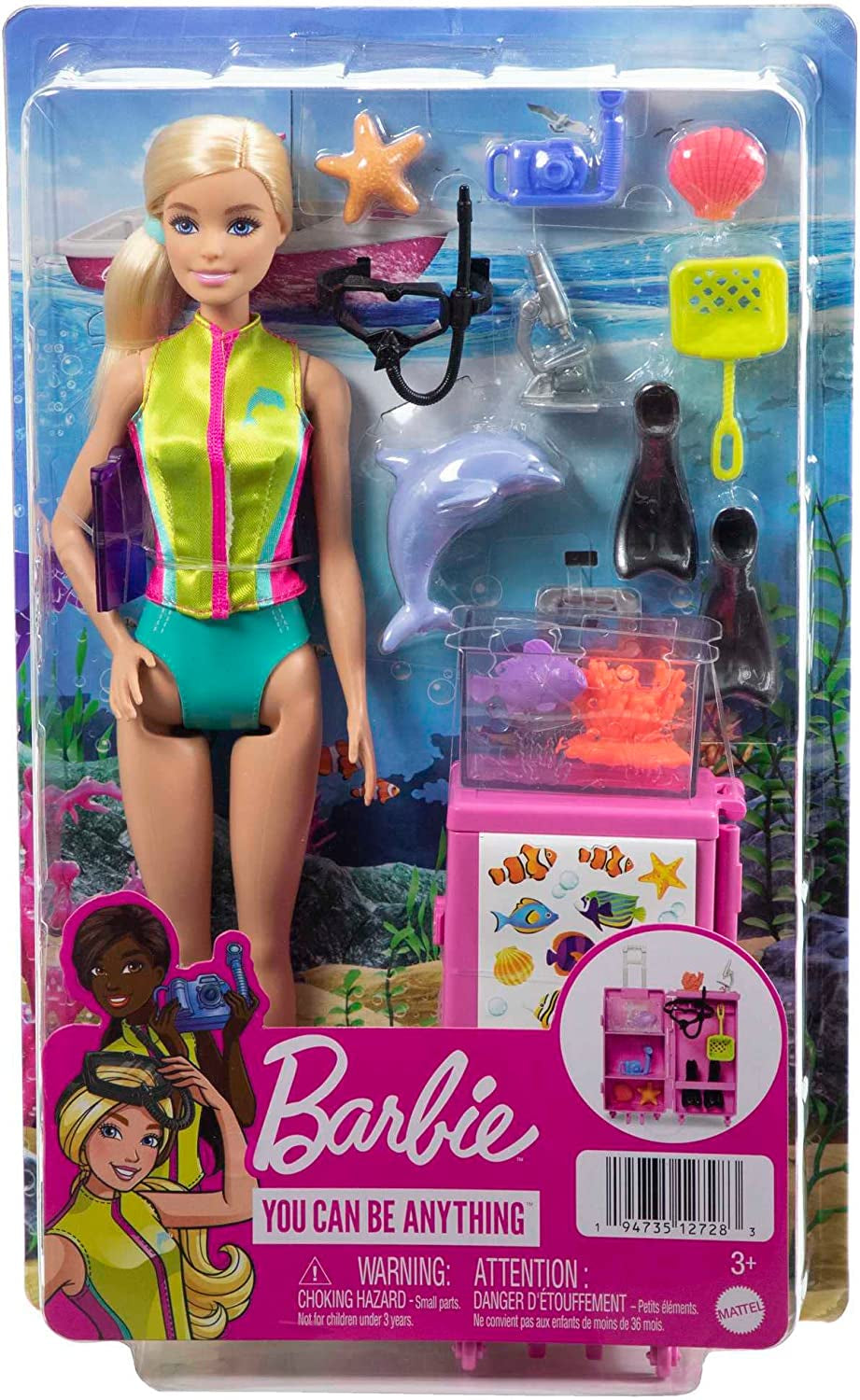 Barbie You Can Be Anything-Serie, Meeresbiologin, 1x Puppe mit blonden Haaren, Badeanzug, Delfin, Zubehör, Kindergeschenk, Spielzeug ab 3 Jahren, HMH26