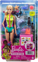 Barbie You Can Be Anything-Serie, Meeresbiologin, 1x Puppe mit blonden Haaren, Badeanzug, Delfin, Zubehör, Kindergeschenk, Spielzeug ab 3 Jahren, HMH26