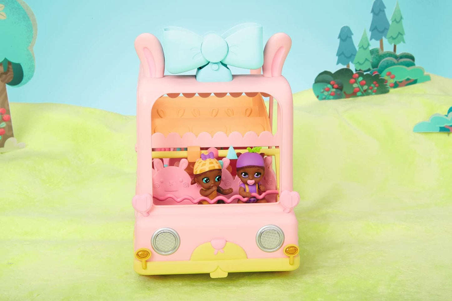 BABY born 904763 Baby Surprise Bus – pinkfarbener Mini-Puppenspielzeugbus mit 2 exklusiven Puppen, Dreifach-Kinderwagen, Schaukel, Karussell, Rutsche und Dreifachschaukel.