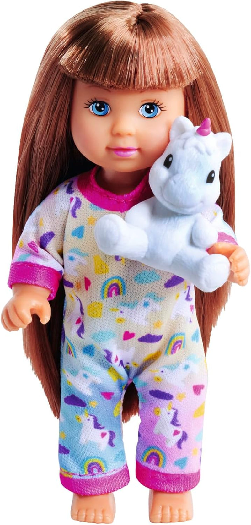 Simba Evi Love Pyjamas, 3 verschiedene Farben, nur ein Artikel wird versendet, Puppe im süßen Pyjama mit Einhorn-Plüschtier, Spielpuppe 12 cm, ab 3 Jahren