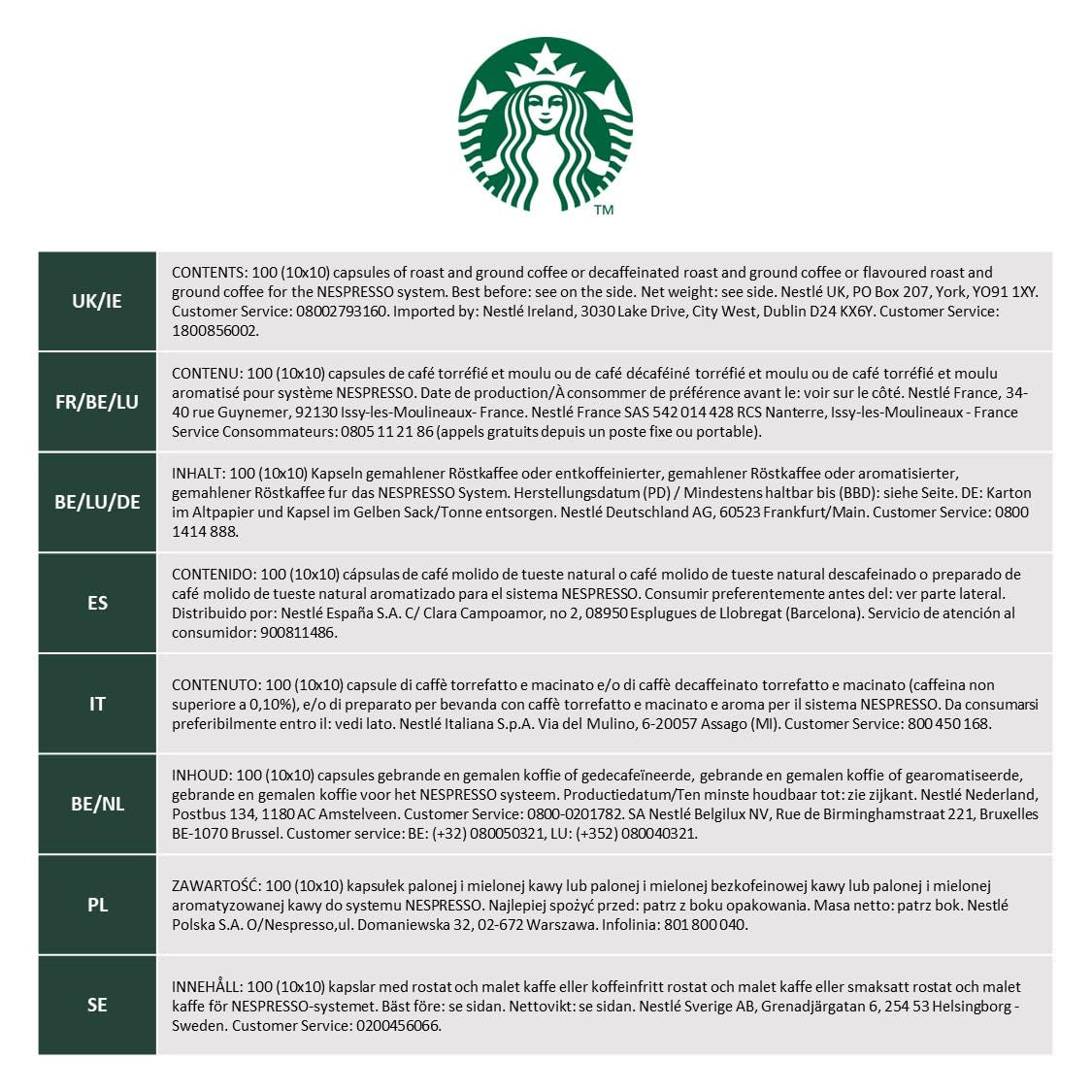 STARBUCKS Caffé Verona by Nespresso, Dark Roast, Kaffeekapseln 10 x 10 (100 Kapseln)