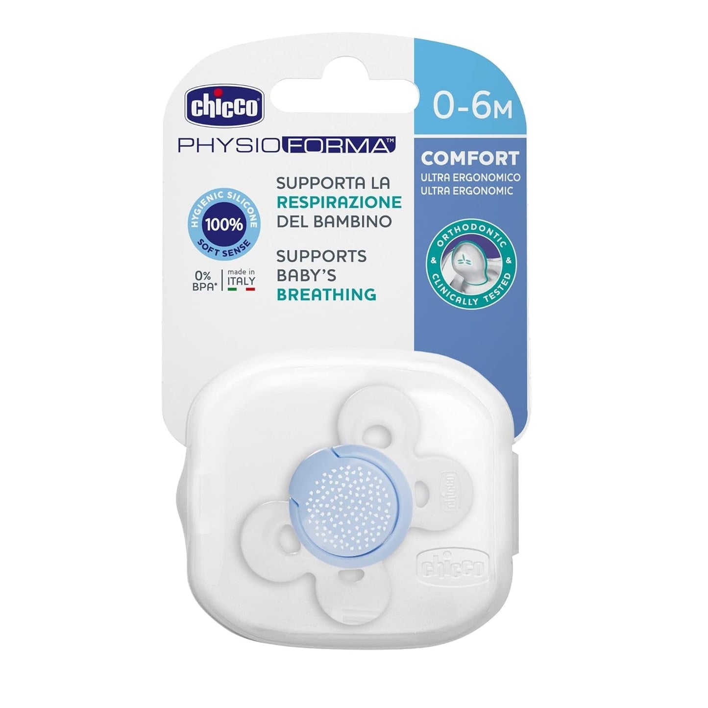 Chicco PhysioForma Comfort Schnuller 16-36 Monate, Babyschnuller mit Silikonsauger, 1 Stück, unterstützt die physiologische Atmung und die korrekte orale Entwicklung, blau