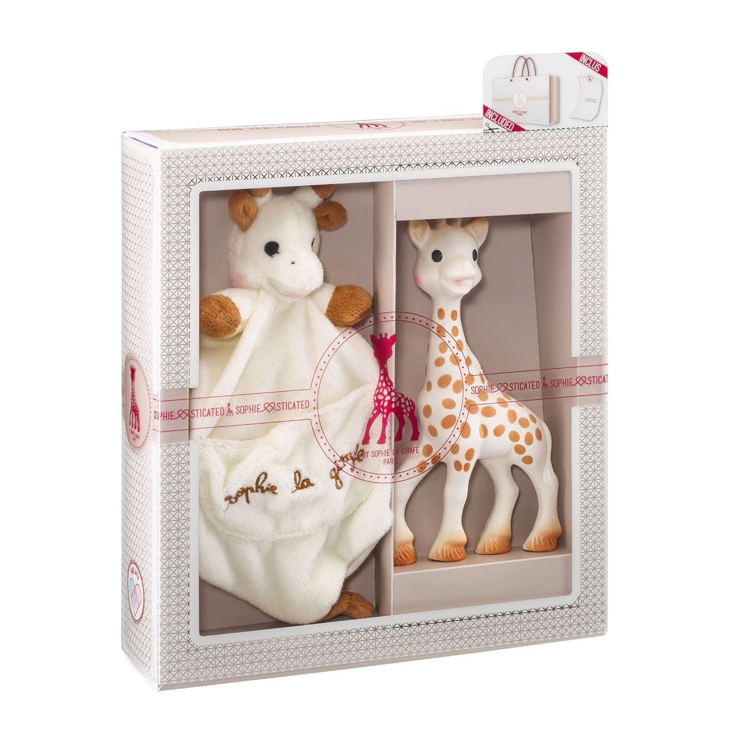 Sophie die Giraffe Geburtstagsgeschenkset Sophiesticated Rassel Pouet 00012 Jucarii Bebe Naty Shop einfarbig Sophie La Girafe Baby-Beißspielzeug und Plüsch-Geschenkset