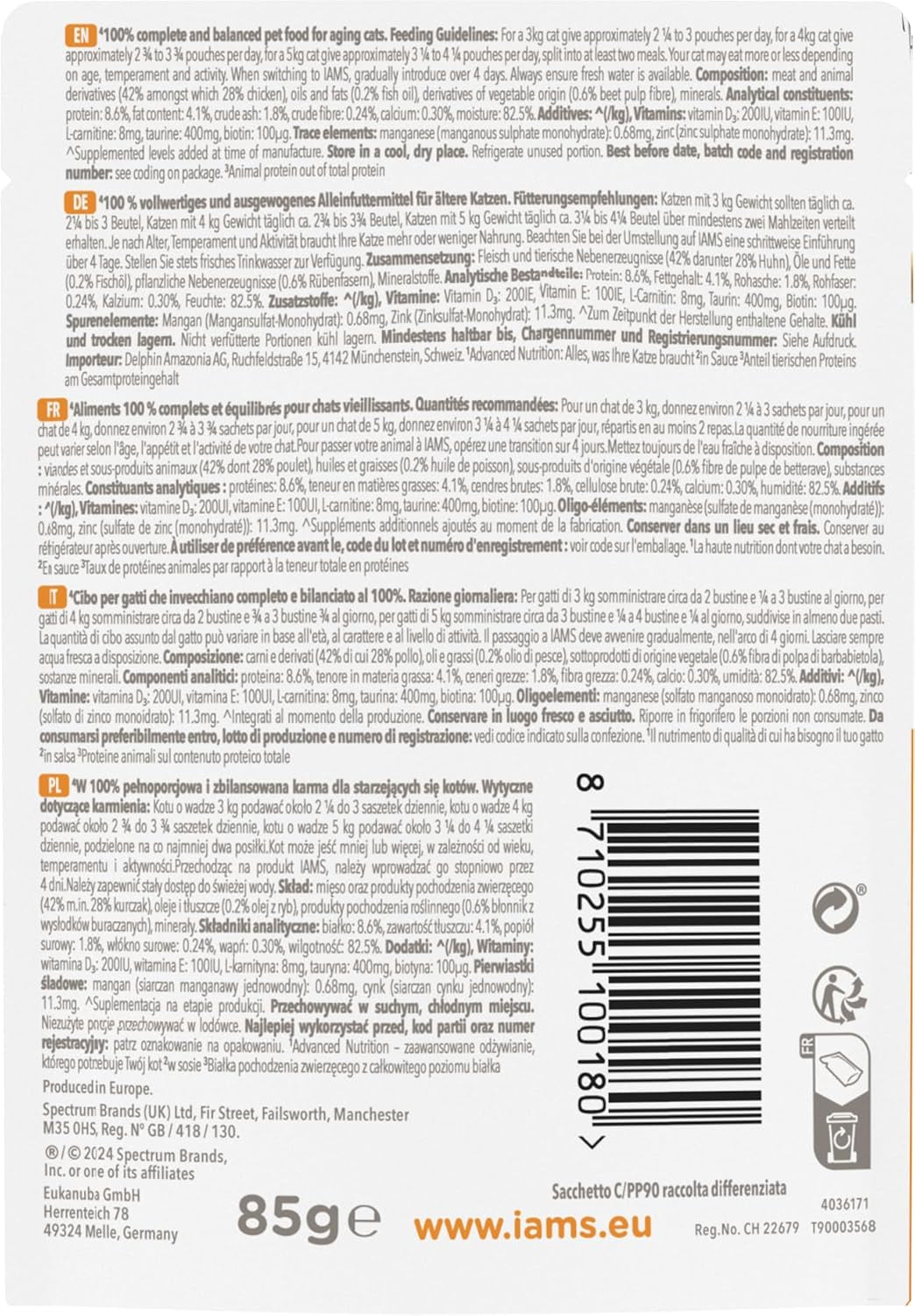 IAMS Delights Nassfutter für Katzen mit Huhn in Soße für ältere Katzen ab 7 Jahren – Probiergröße, Einzelbeutel, 1 x 85 g