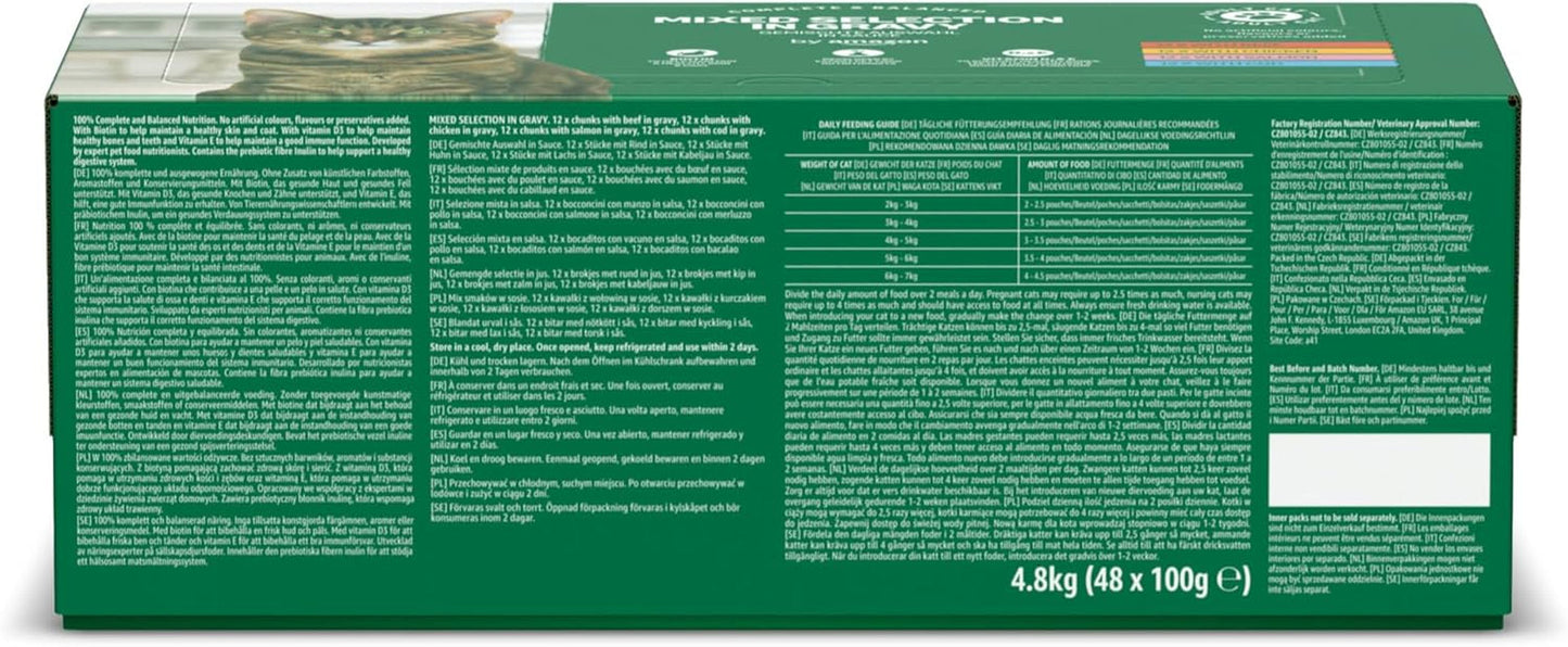Amazon Nassfutter für ausgewachsene Katzen, gemischte Auswahl in Sauce, 4,8 kg (48 Packungen x 100 g)
