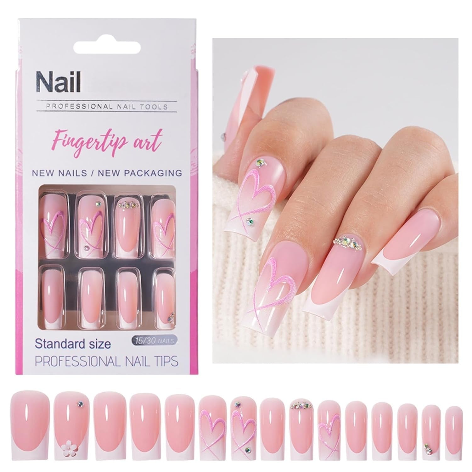 30 Stück französische künstliche Nägel – zum Aufkleben auf künstliche Nägel – weiche Gelnägel für Frauen – selbstklebende Acrylnägel, quadratische Maniküre (französisches Rosa)