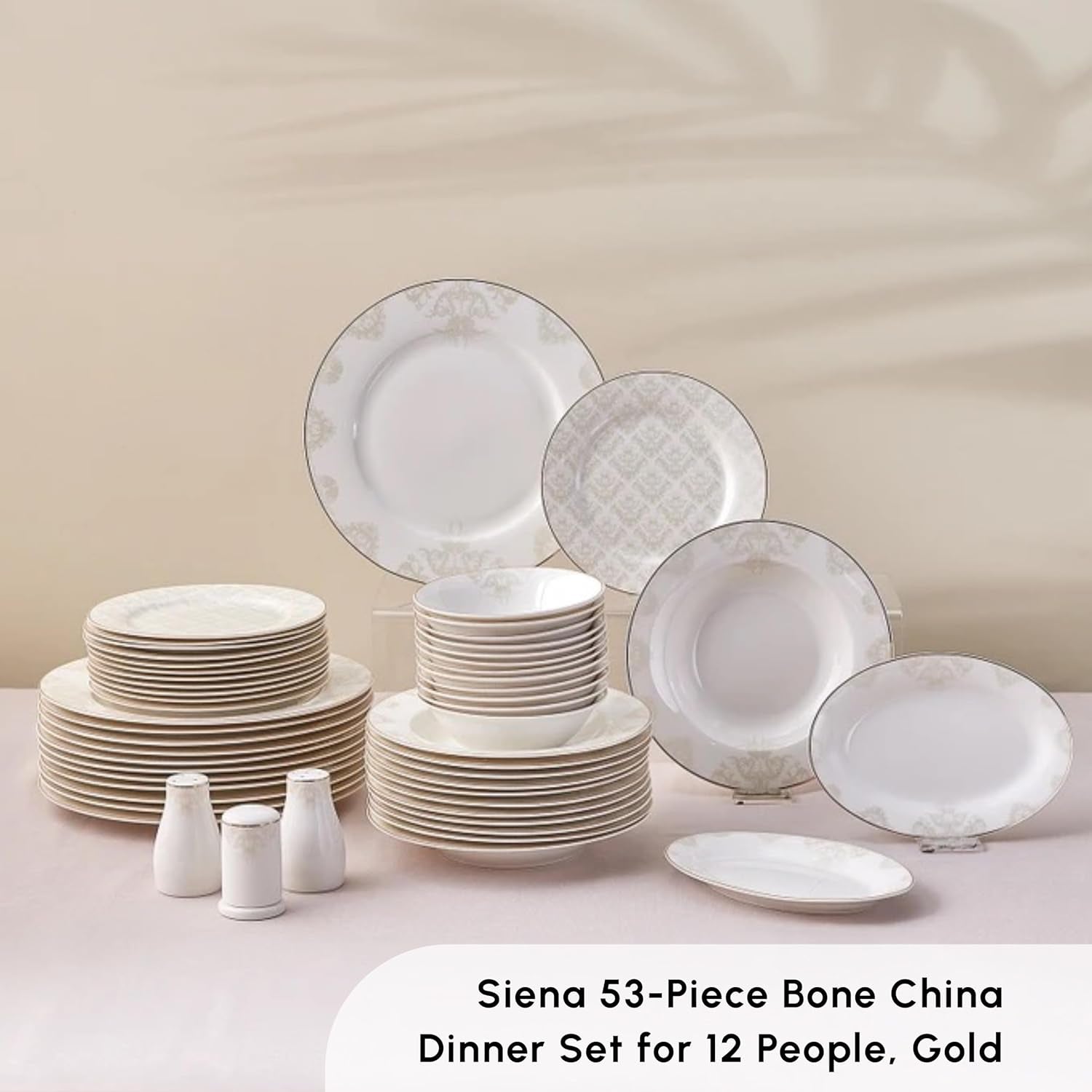 Karaca Elegance Bone Siena Geschirrset für 12 Personen, modernes Porzellangeschirrset, Geschirrset mit Suppenschüsseln, Servierplatte, tiefen Tellern, Desserttellern – Weiß und Gold