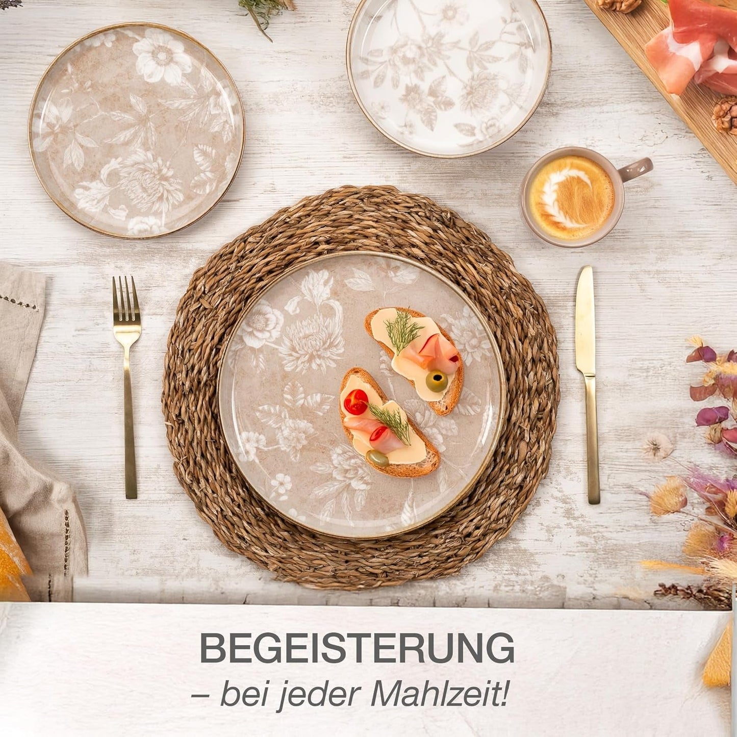 Moritz & Moritz MARIELLA 24-teiliges Steingut-Geschirrset für 6 Personen – Modernes beigefarbenes Geschirr mit verspieltem Design, pflegeleichtes Kaffeeservice mit Tellern, Schüsseln und Tassen – Kombinationsset