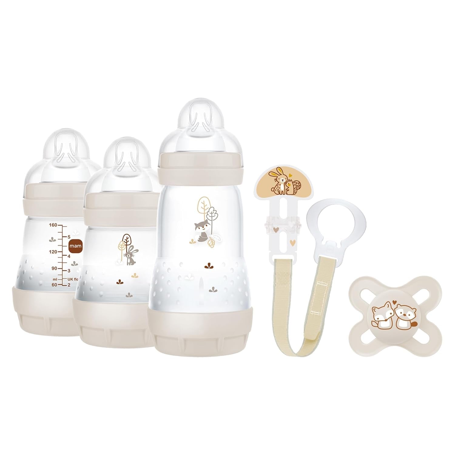 MAM Newborn Set, Geschenkset, bestehend aus: 2 x Anti-Colic-Flasche 160 ml, 1 x Anti-Colic-Flasche 260 ml, 1 x Original Start Schnuller, 1 x Brosche für Schnuller, ab 0 Monaten, Neutro