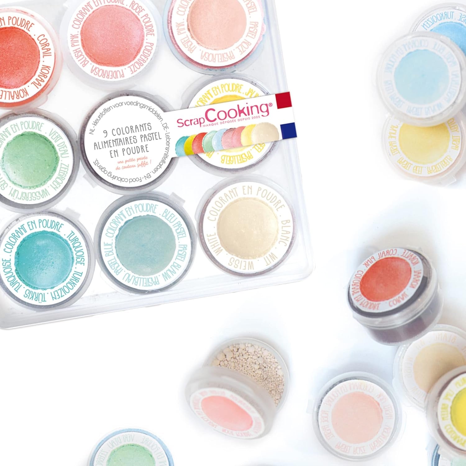 Scrapcooking – Set mit 9 pastellfarbenen Lebensmittelfarben – Blau, Gelb, Koralle, Rosa, Türkis, Limettengrün, Weiß, Aquagrün, Puderrosa – Essbares Farbpulver für Kuchen, Muffins, Macarons – 4272