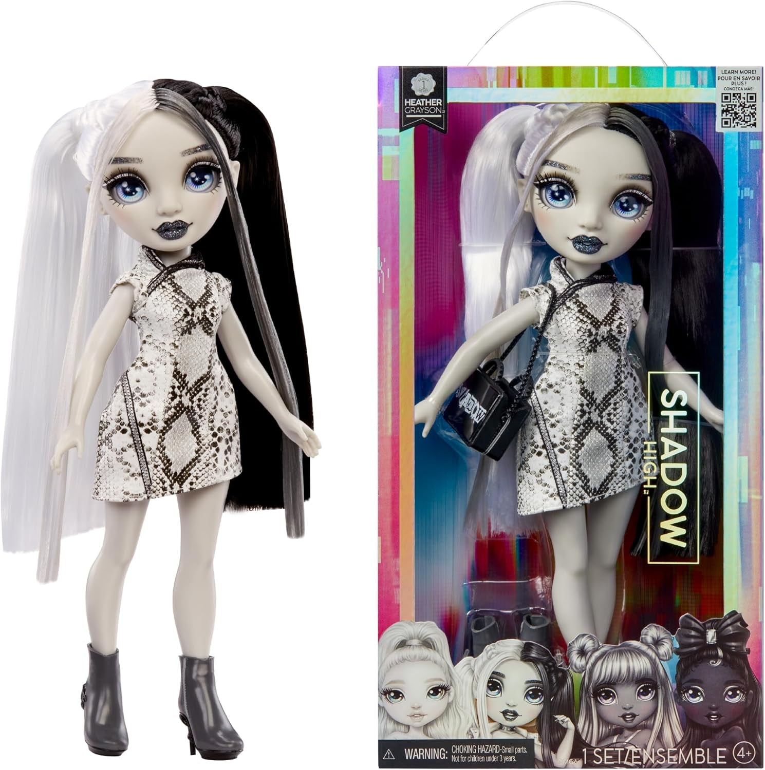 Rainbow High Shadow High Heather Grayson Puppe – 28 cm in Grautönen, schwarz-weißes Haar und Outfit, stilvolle Tasche, süßes Geschenk für Kinder von 4–10 Jahren