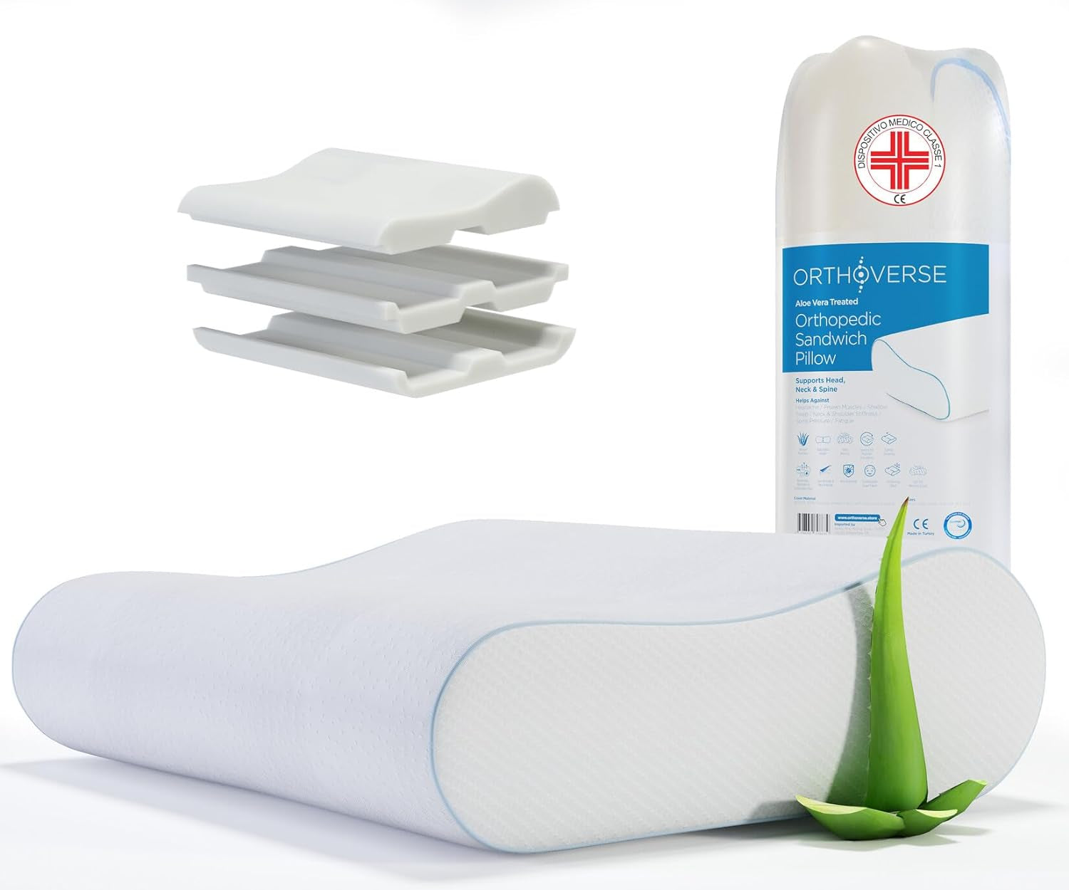 ORTHOVERSE Orthopädisches Kissen – Nackenstützkissen, Schlafkissen, Kopfkissen, Memory-Schaum-Kissen, Kopfkissen, Nackenschmerzkissen – höhenverstellbar, Aloe Vera-Bezug, medizinische Hilfe. Zervikale orthopädische Kissen Naty Shop 1