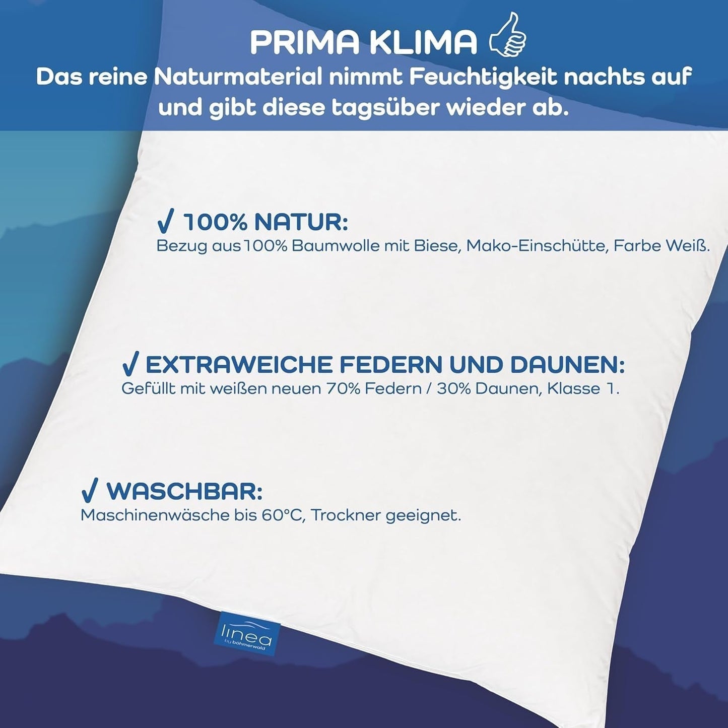 LINEA von Böhmerwald – Cozy – Hochwertiges Balance-Kissen, 40 x 80 cm, 70 % Federn der Klasse 1, 30 % neue Daunen, allergikergeeignet, waschbar bis 60 °C, hergestellt in Deutschland. Naty Shop Standard-Kissen