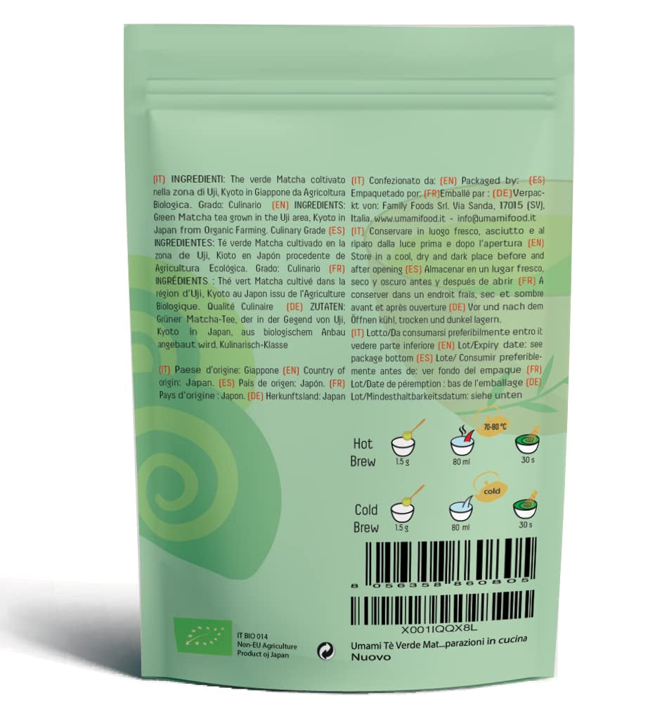 Umami Bio Matcha-Grüntee-Pulver – kulinarische Qualität, angebaut in Uji, Kyoto (Japan), aus biologischem Anbau. Hervorragend zum Trinken oder zum Kochen in der Küche 100 g...