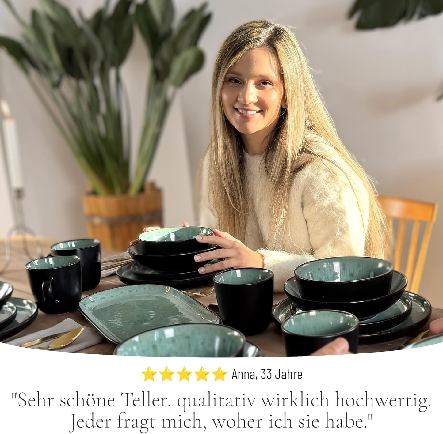 24-teiliges Keramik-Steinzeug-Geschirrset für 6 Personen, Ibiza-Design, TESTSIEGER. Ein wunderschönes mediterranes Geschirrset mit Schüsseln und Tellern. Pure Living Geschirrset, Salbeigrün.