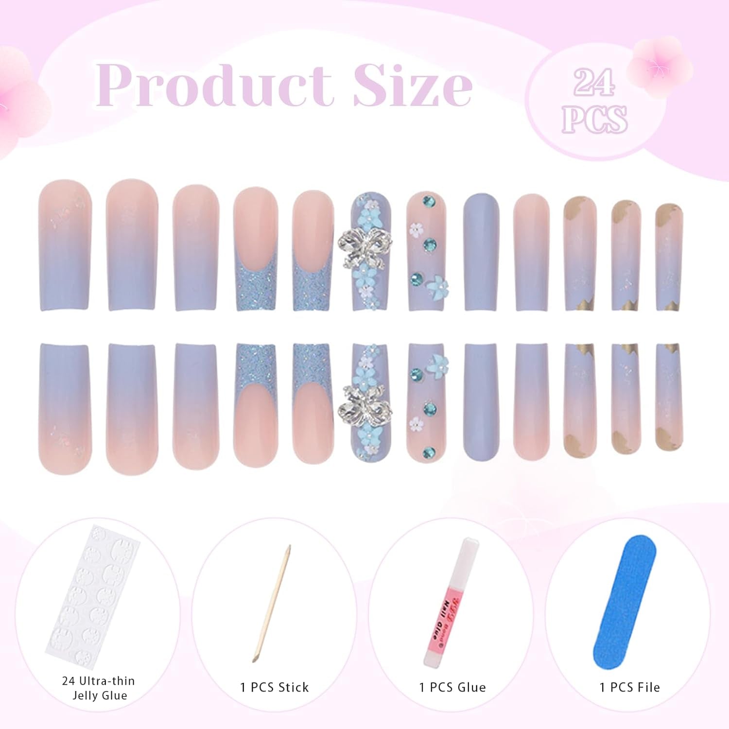 24 Stück Schmetterlingsblaue künstliche Nägel, quadratisch, zum Aufdrücken, französische lange, glitzernde, glitzernde Strass-Falschnagelspitzen