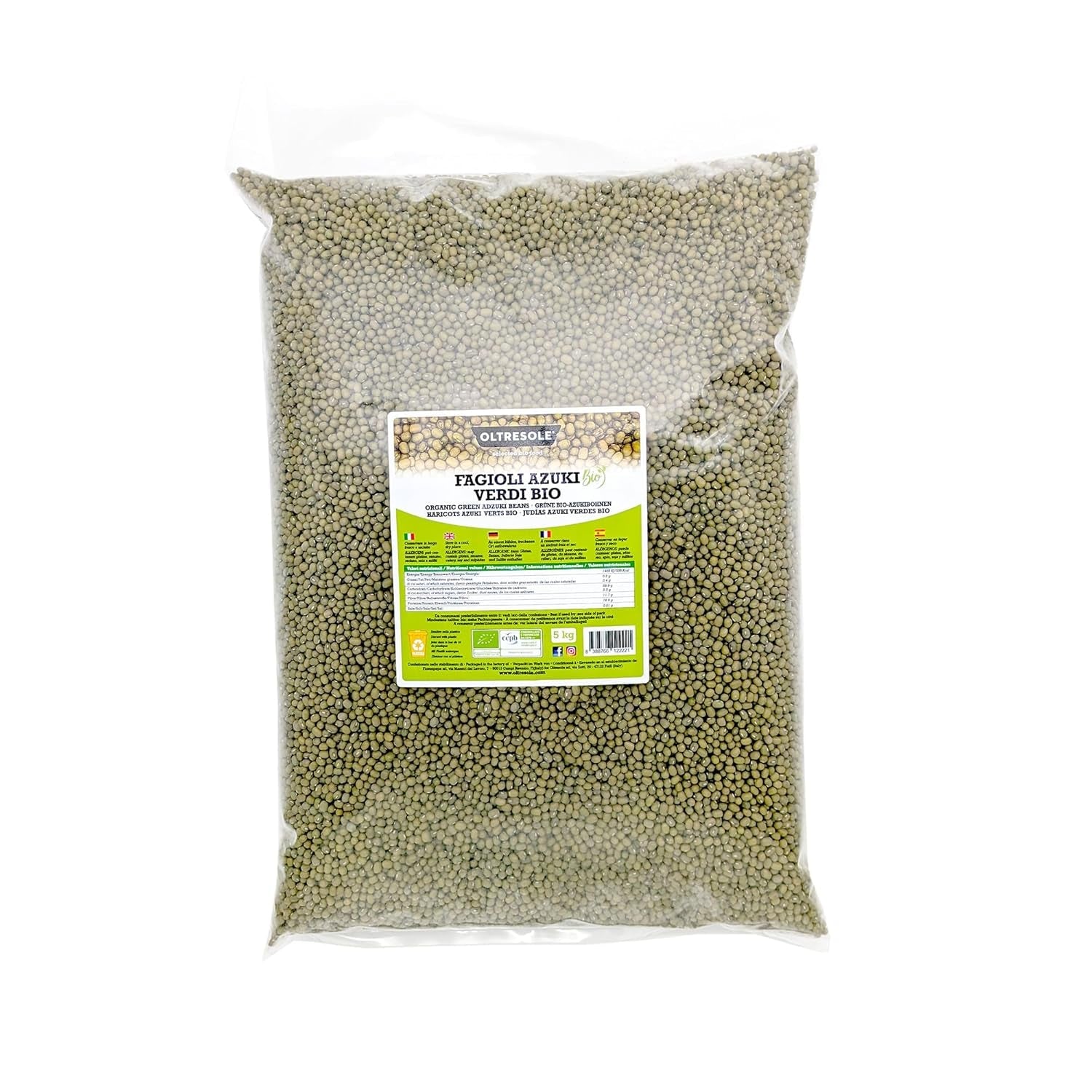 Bio-Grüne Azukibohnen, 5 kg, getrocknete Hülsenfrüchte aus kontrolliert biologischem Anbau, ideal für vegane und vegetarische Suppen, Salate und Rezepte, Sparpack