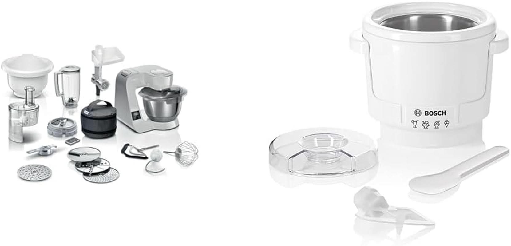 Bosch Serie 4 MUM5X720 Küchenmaschine, integrierte Waage, Edelstahlschüssel 3,9 l, Mixer 1,25 l, 1000 W, Zubehör für Lebensmittel und Stillen, Bebe Naty Shop-Paket mit Eismaschine, Silbergrau, 6 Zubehörteile