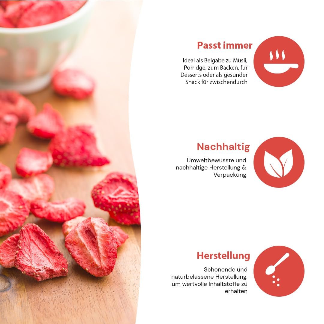 '- 150 g 100 % natürliche und reine gefriergetrocknete Erdbeeren - Geschnittene getrocknete Erdbeeren - Gefriergetrocknete Trockenfrüchte ohne Zuckerzusatz - Ungesüßte Erdbeerchips Dehydrierte Produkte Naty Shop