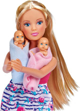 Simba 105733333 – Steffi Love Welcome Twins, schwangere Puppe mit Zwillingen, Wickeltisch und Badewanne, Accessoires, Modepuppe, 29 cm, für Kinder ab 3 Jahren