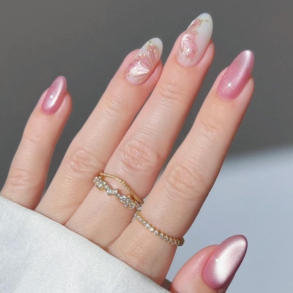 Mouyouglow Kurze magnetische künstliche Nägel, rosa mandelroter Farbverlauf, glitzerndes Katzenauge mit Kleber, rosa rote Ombre-Glitzer-Phototherapie-künstliche Nägel für Frauen und Mädchen
