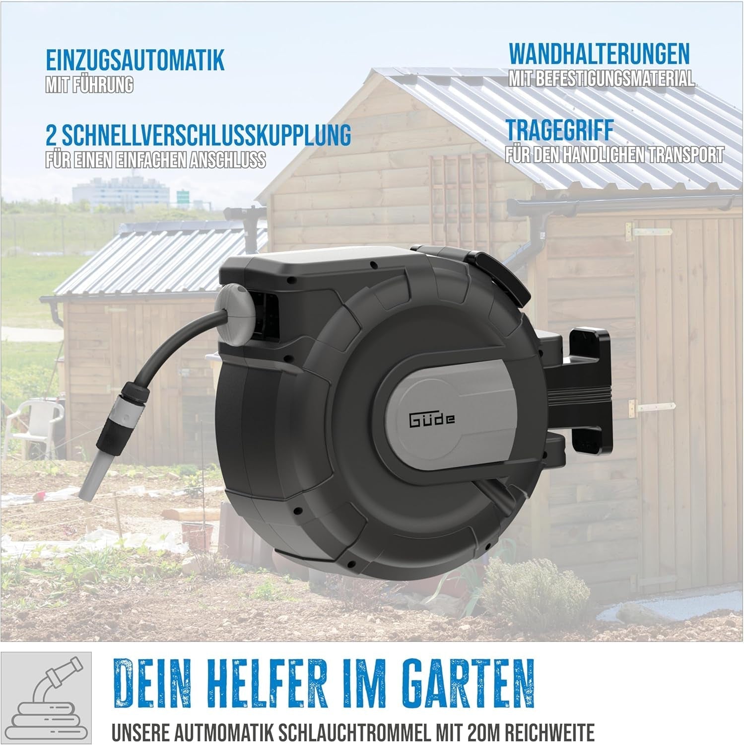 Automatischer Schlauchaufroller Güde 20-2-2 1/2 (zur Wandmontage, 180° drehbar, 20 m Schlauch, Wasserbrause, Wandhalterung, Einzugsautomatik, Einzugssperre, Transportgriff, 2 Schnellkupplungen)