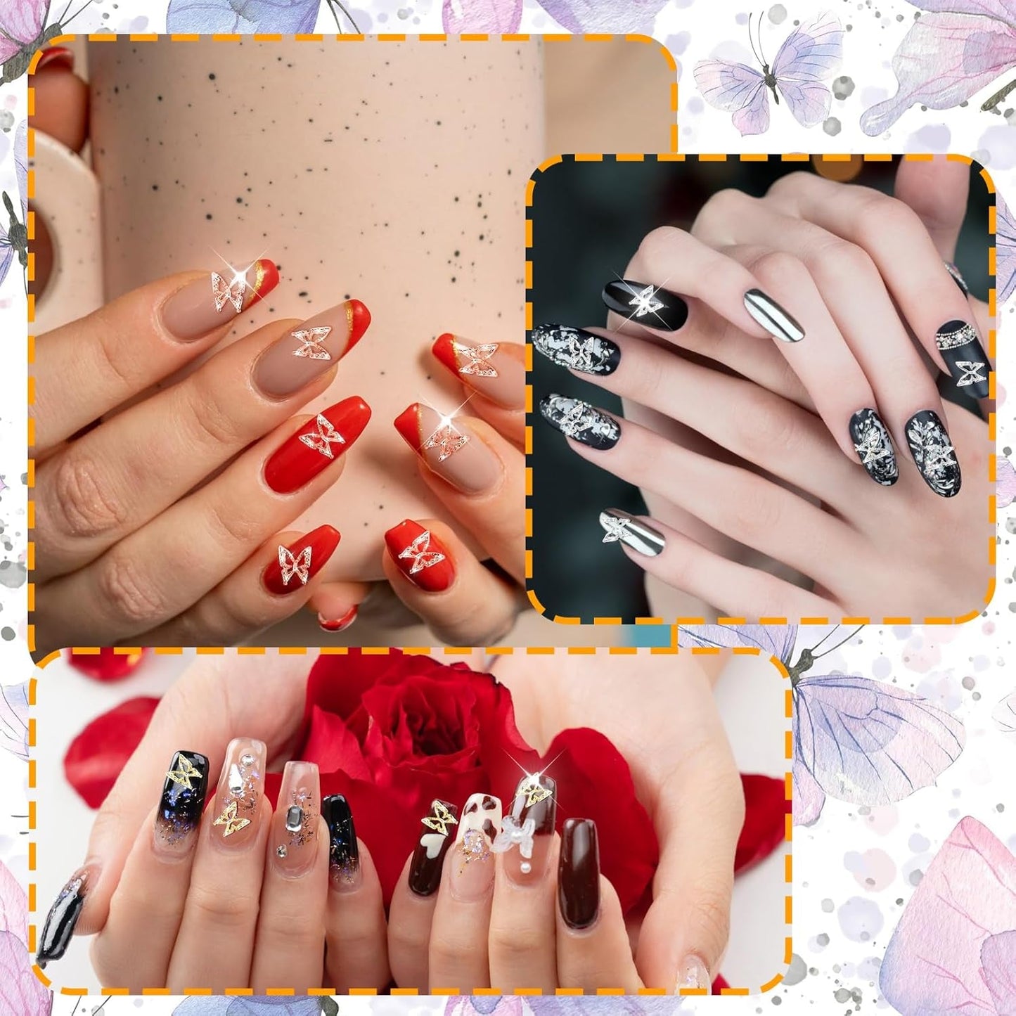80 Stück 3D-Schmetterlings-Nagelanhänger, Legierung, Schmetterling, Gold, Silber, Glitzer, Nagelkunst-Dekorationen, Nagelschmuck, Zubehör, DIY, Maniküre für Frauen
