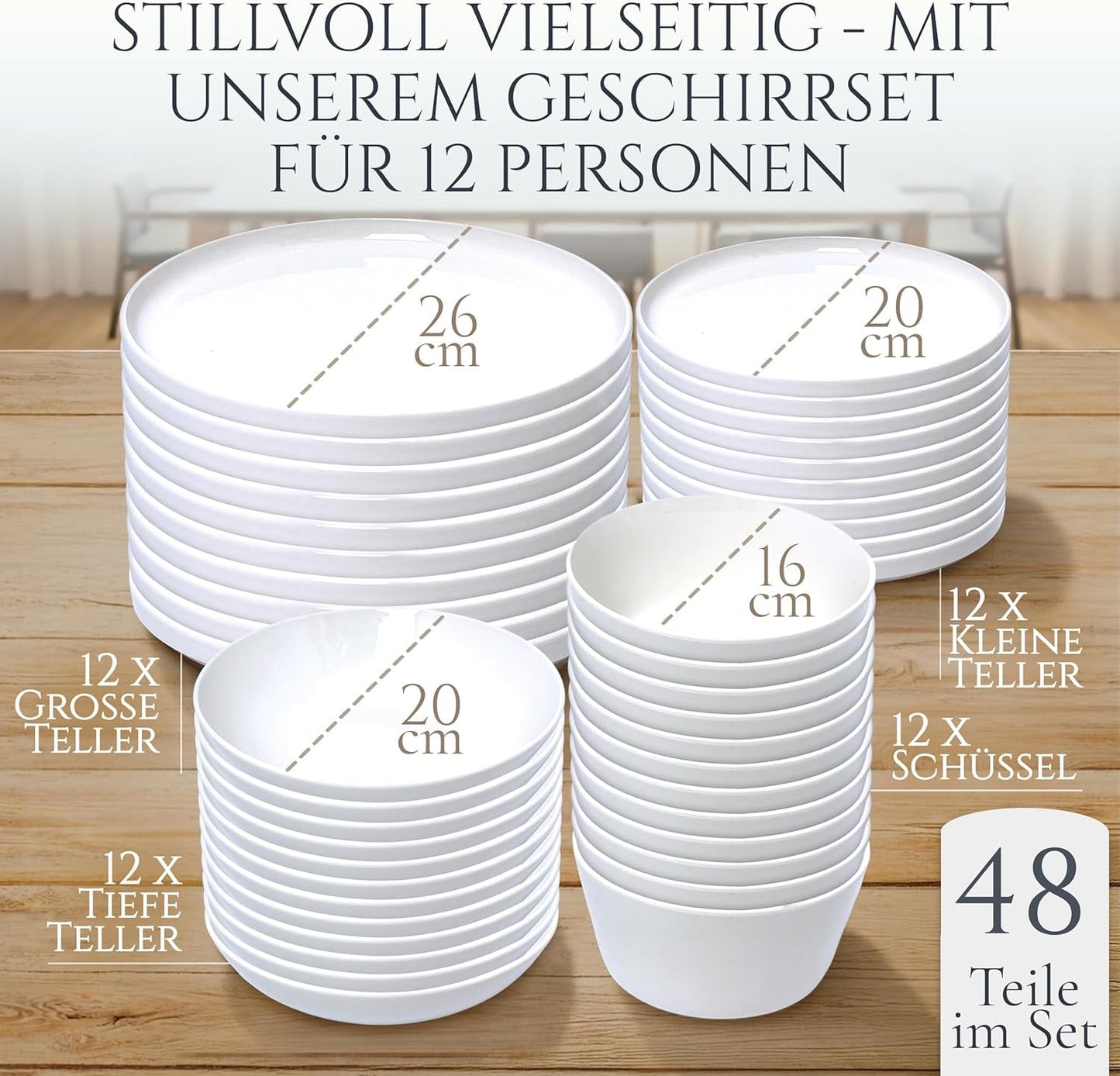 Crystal 48-teiliges Porzellan-Geschirrset TESTSIEGER Klares Porzellan-Geschirrset Schüsseln und Teller Tafelservice für 12 Pure Living-Geschirrsets in Weiß