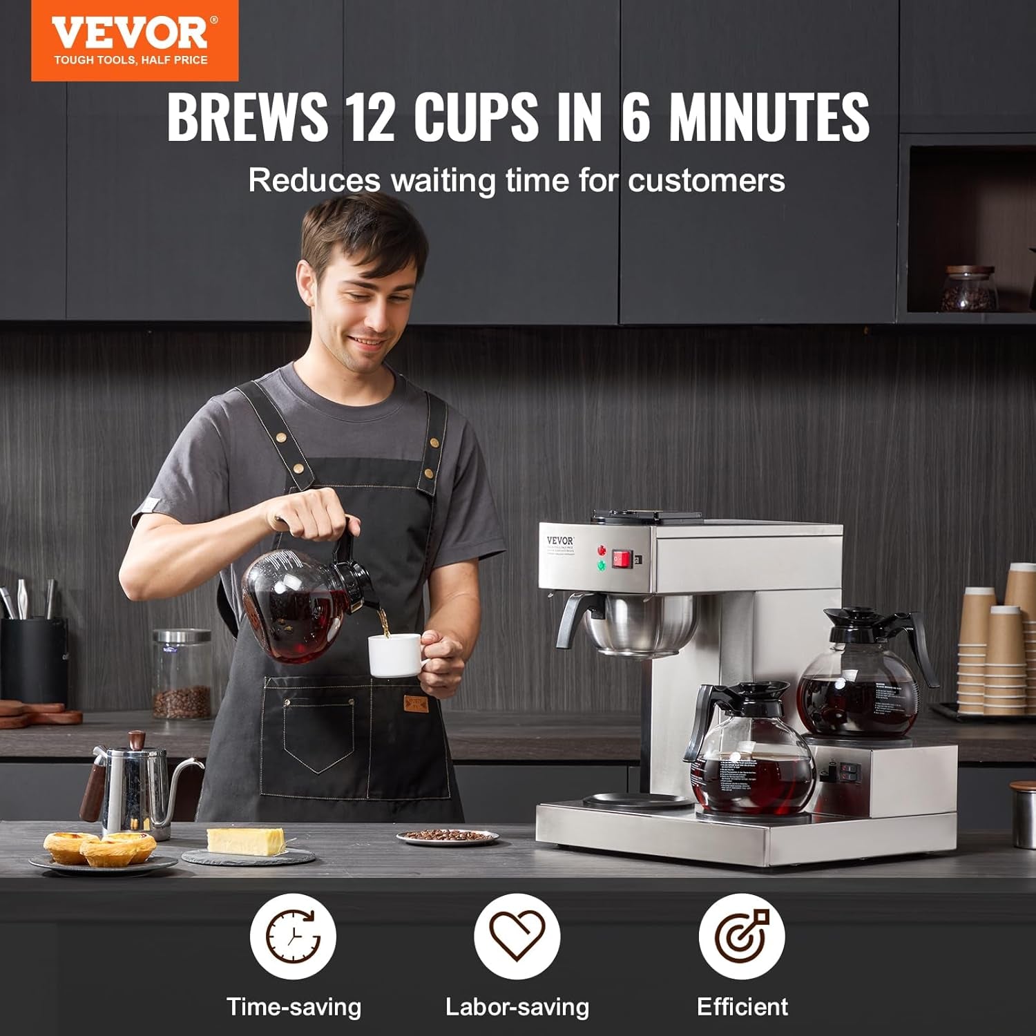 VEVOR Kommerzieller 12-Tassen-Filter-Espressokocher mit 3 Glaskaraffen und 3 Heizplatten, Edelstahl-Espressomaschine mit automatischer Wasserversorgung für Restaurant, Büro, Café