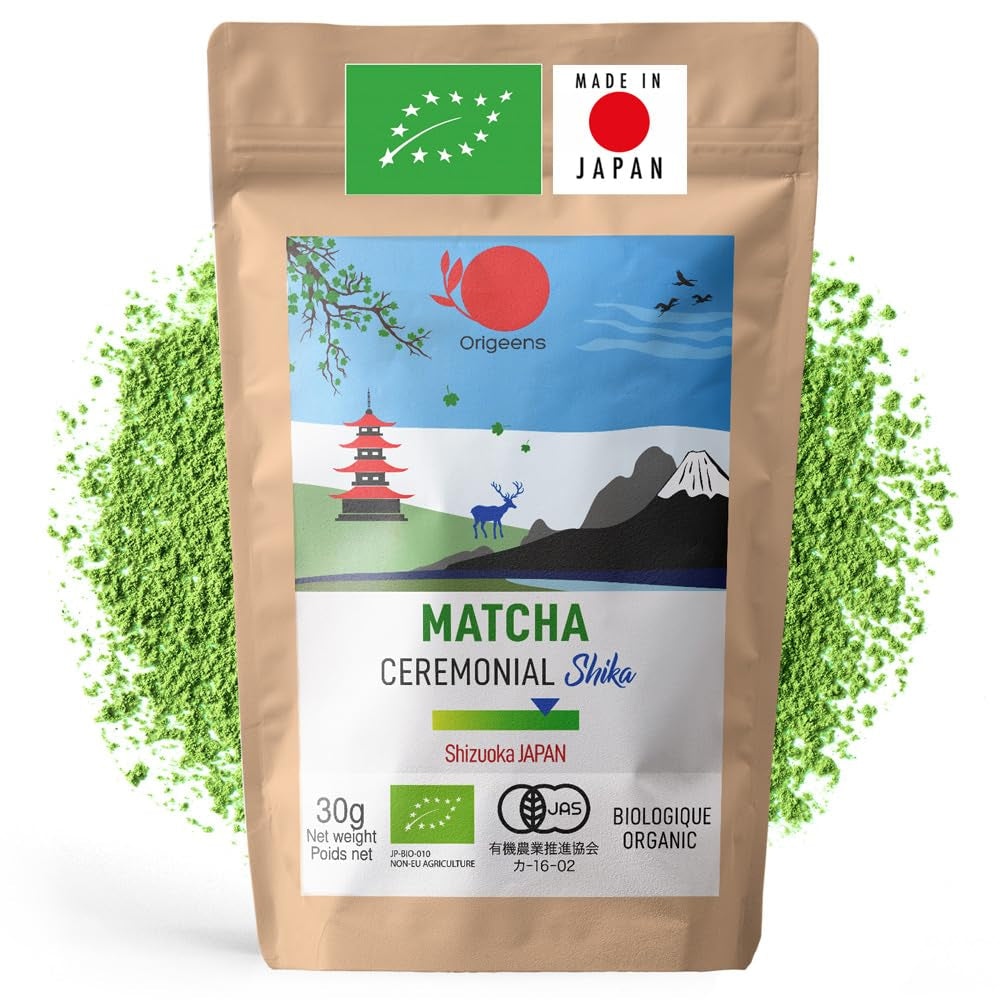 ORIGEENS BIO MATCHA CEREMONIAL GRADE „SHIKA“ – Japanischer Bio-Tee aus Shizuoka – Matcha Latte/Usucha – 30 g Nachfüllbeutel – Bio-Matcha-Grüntee-Pulver in Zeremonienqualität