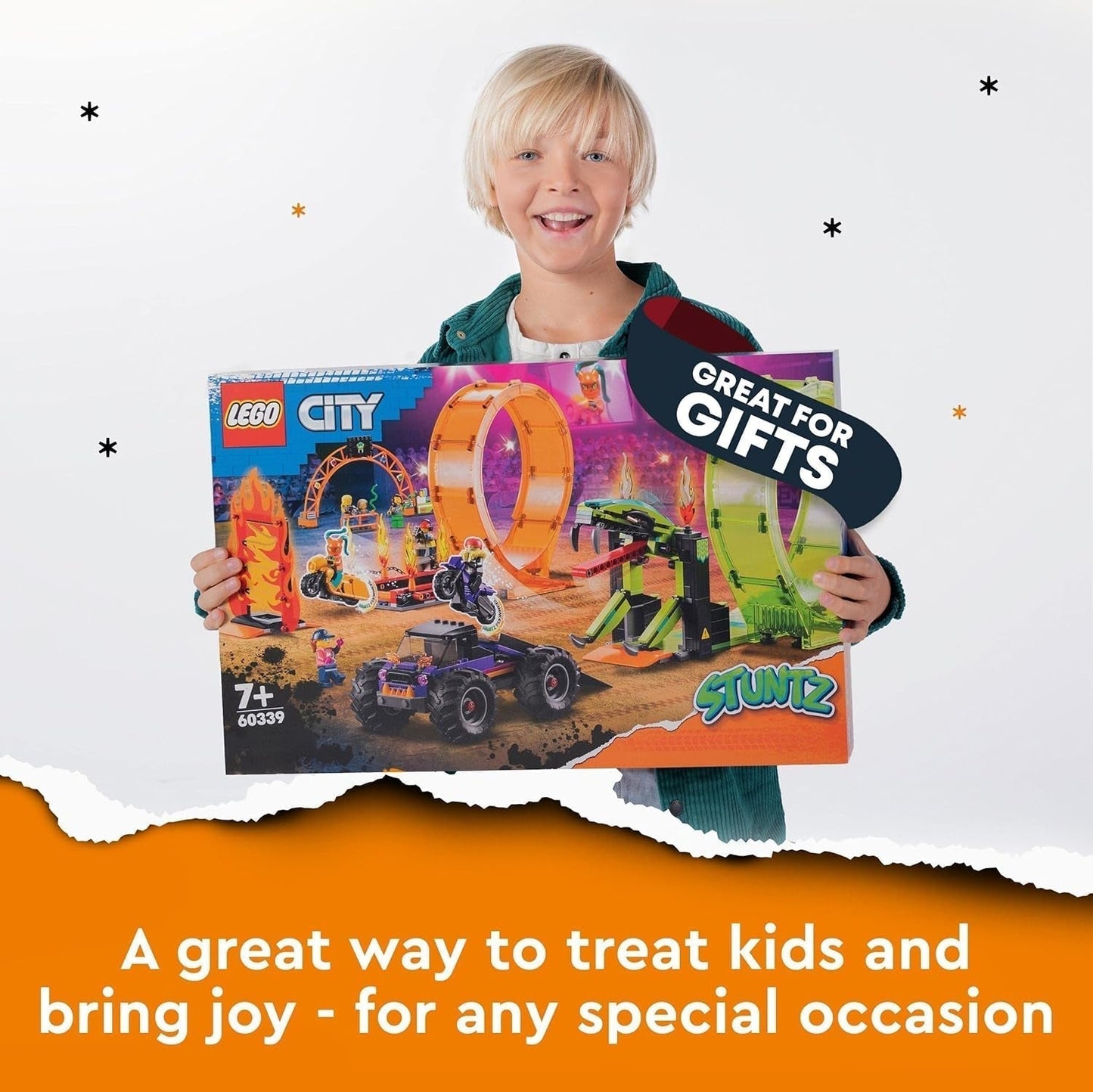 LEGO 60339 City Stuntz Stuntz Show Doppellooping-Set, inkl. Rampe, Monstertruck, 2X Motorrad und 7 Minifiguren, Spielzeug für Kinder ab 7 Jahren Bausets Besuche den LEGO-Store