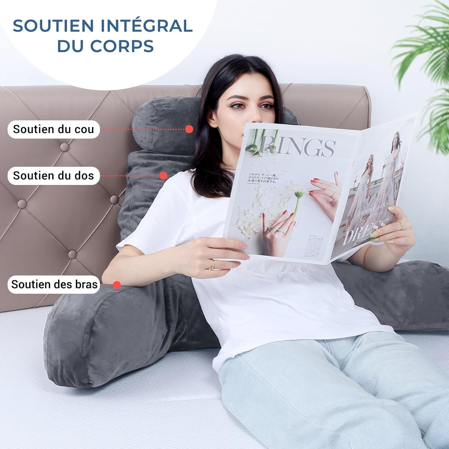 INFANTIA ergonomisches Lesekissen mit Armlehnen, Rückenstütze, groß, grau