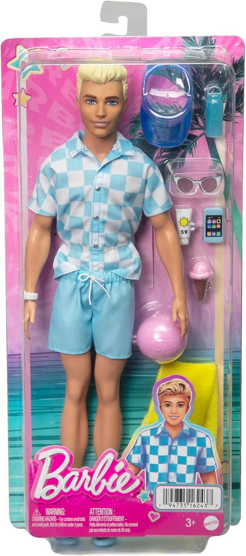 Barbie Ken – Blonde Puppe mit blauem Hemd und Badeschürze, Strandzubehör und Wasserball für kreatives Spielen, ab 3 Jahren, HPL74