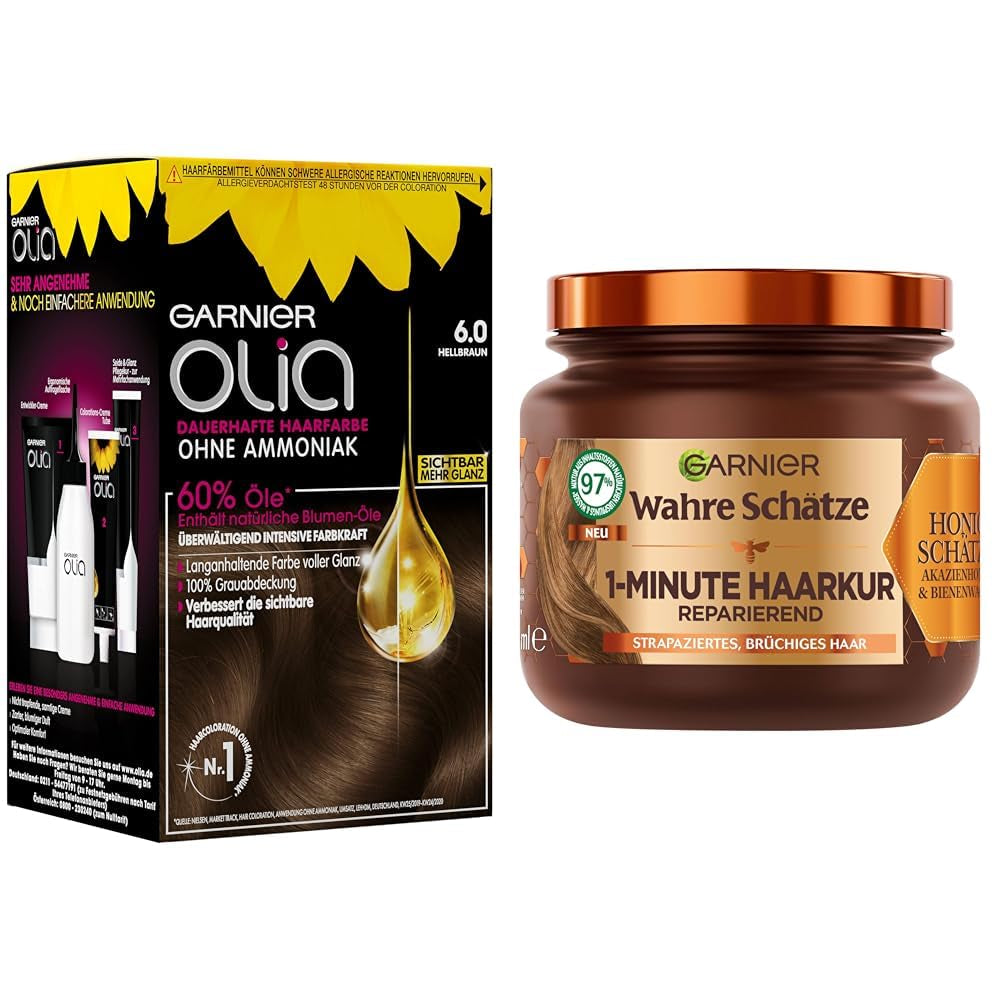 Garnier Olia Haarfarbe 6.0 Hellbraun + True Treasures Repair Treatment (340 ml) für strapaziertes Haar – Färben ohne Ammoniak, natürliche Öle, Abdeckung grauer Haare, Honig und Bienenwachs, weniger Haarbruch. Haarfärbemittel Naty Shop Haarfarbe + Repair Treatment