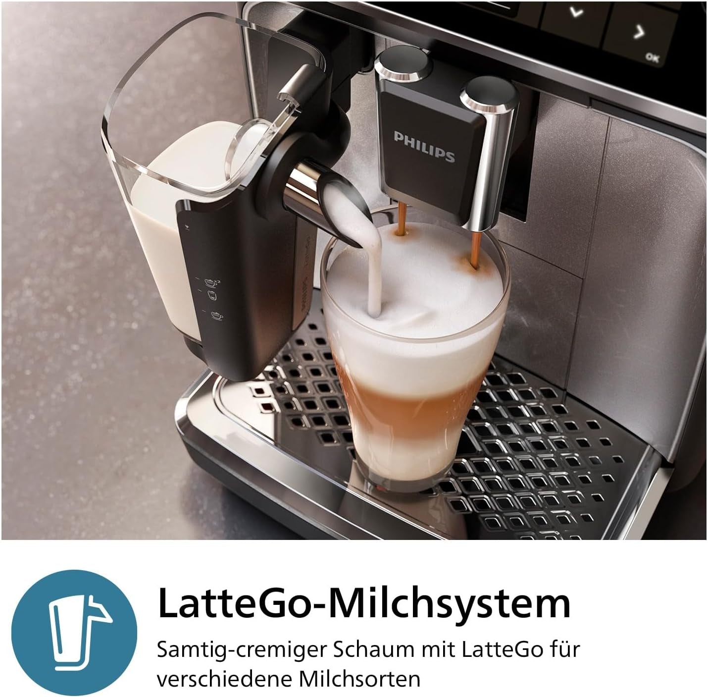 PHILIPS automatische Espressomaschine 3300-Serie – 6 Getränke, moderner Farb-Touchscreen, LatteGo-Milchzubereitungssystem, SilentBrew, 100 % Keramikmahlwerk, AquaClean-Filter. Schwarzchrom (EP3347/90)