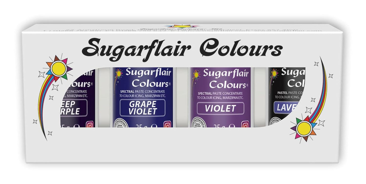 Sugarflair Nudel-Lebensmittelfarbe Lila, 4er-Set, Nudel-Lebensmittelfarbe, Fondant, Marzipan, Zuckerpaste, Buttercreme und mehr: Lila, Lavendel, Traubenviolett, Tiefviolett – 4er-Set