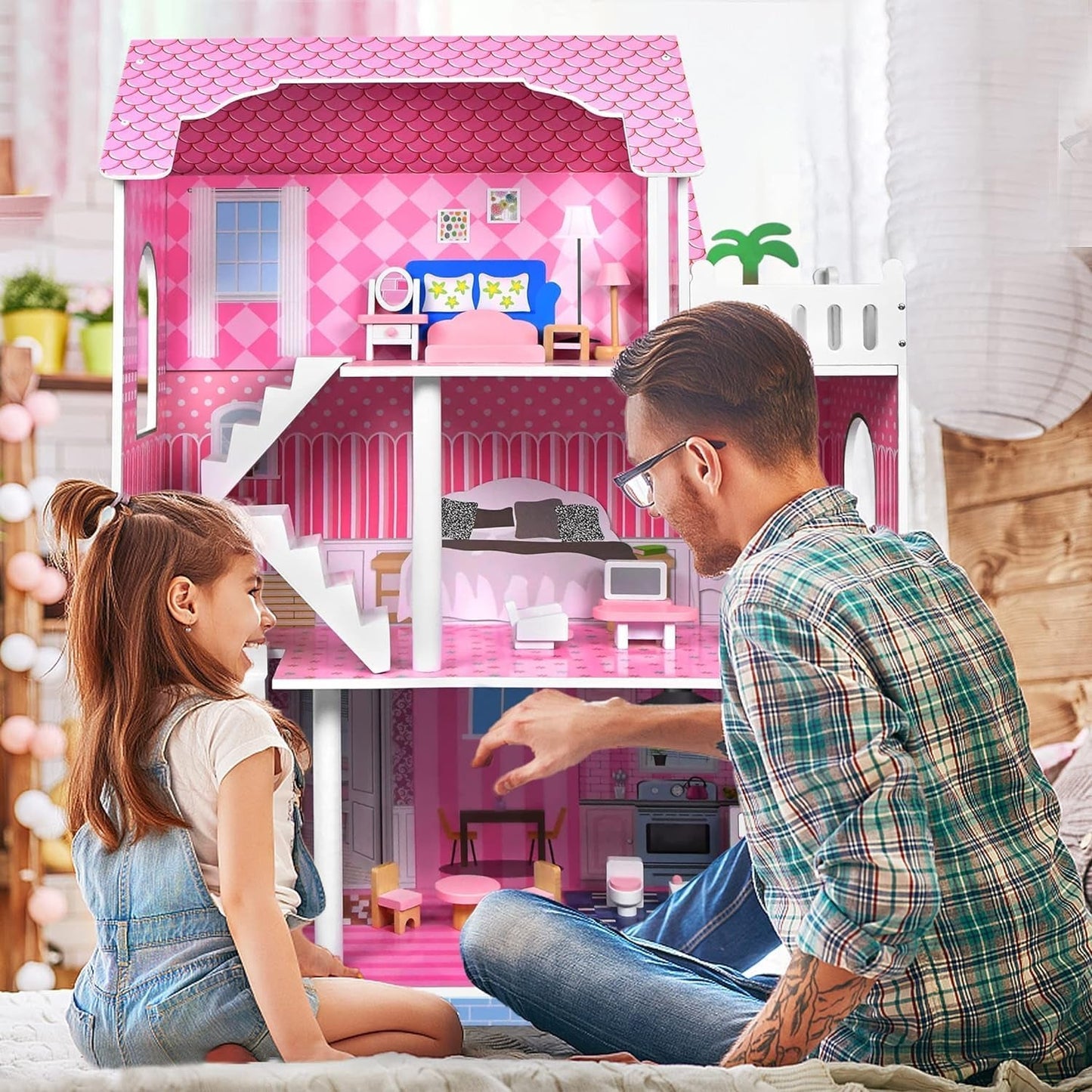 HENGMEI Puppenhaus Kinder Holz Puppenvilla Dollhouse Set Mädchen Spielset 3 Etagen Haus mit Möbeln und Zubehör, 70x30x100cm Puppenhäuser für Kinder (Typ B)
