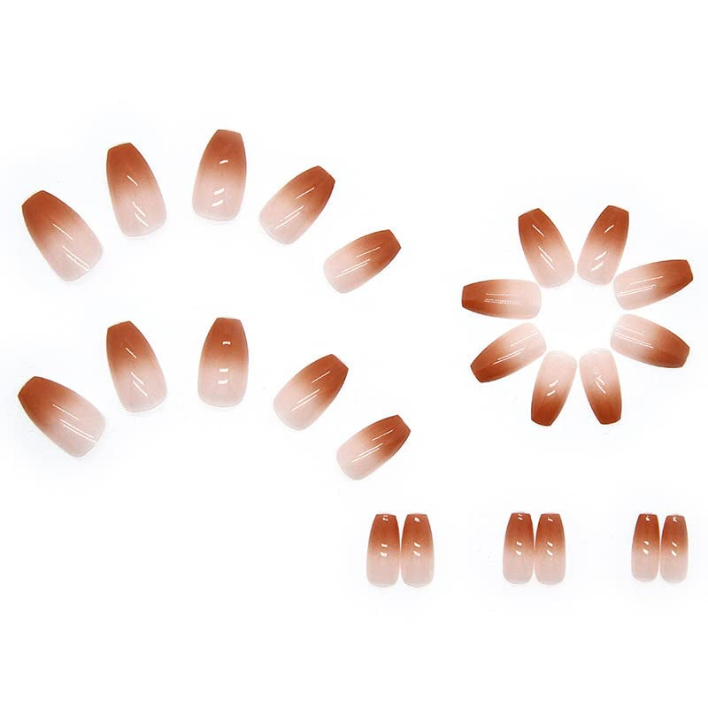 24 Stück French Press On Kurze Nägel Sarg Künstliche Nägel Koralle Rosa Ombre Klebenägel Ballerina Nagelset Acryl Nagelspitzen Damen Frühling Sommer Nagelzubehör