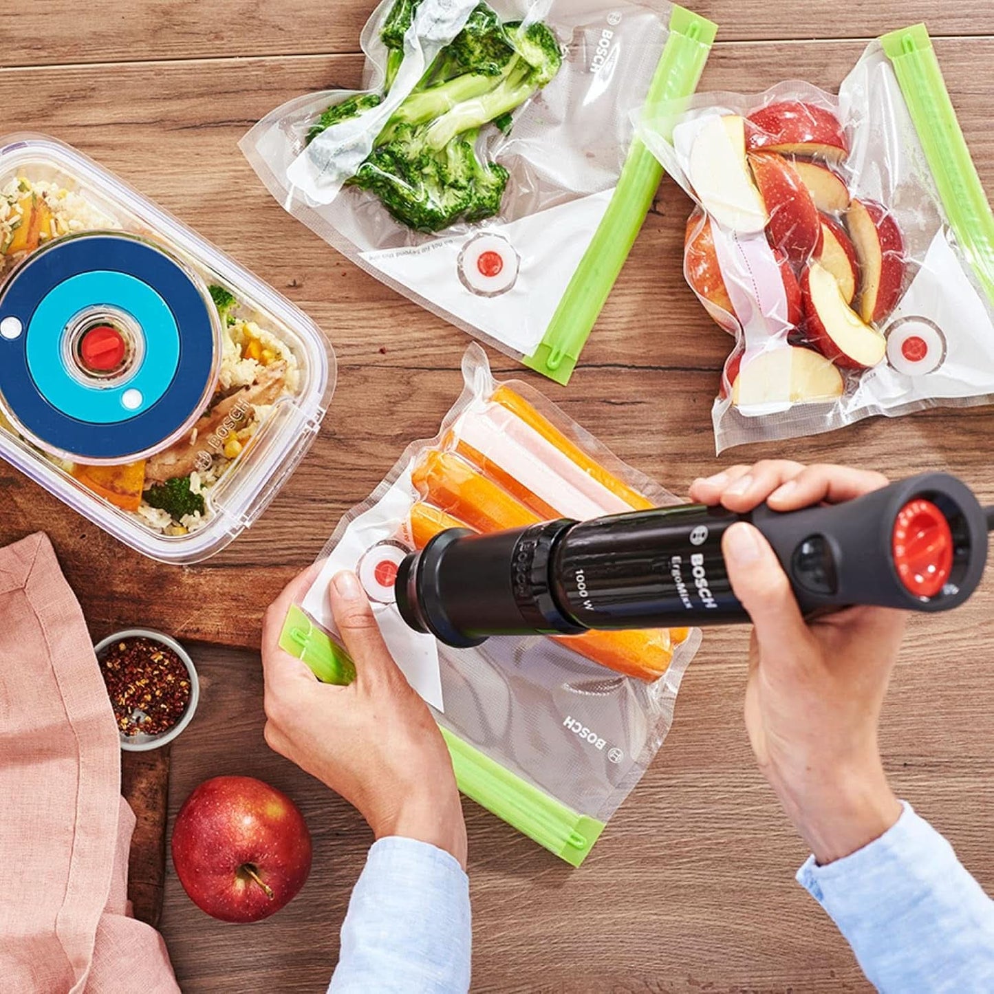 Bosch Stabmixer Ergomixx MS6CB61V1, Vakuum-Funktion, Edelstahl-Mixfuß, Mix- Und Messbecher, Vakuum-Pumpe, Vakuum-Beutel, Vakuum-Frischhaltedose, 12 Stufen plus Turbo, 1000 W, Schwarz/Anthrazit Kitchen Naty Shop