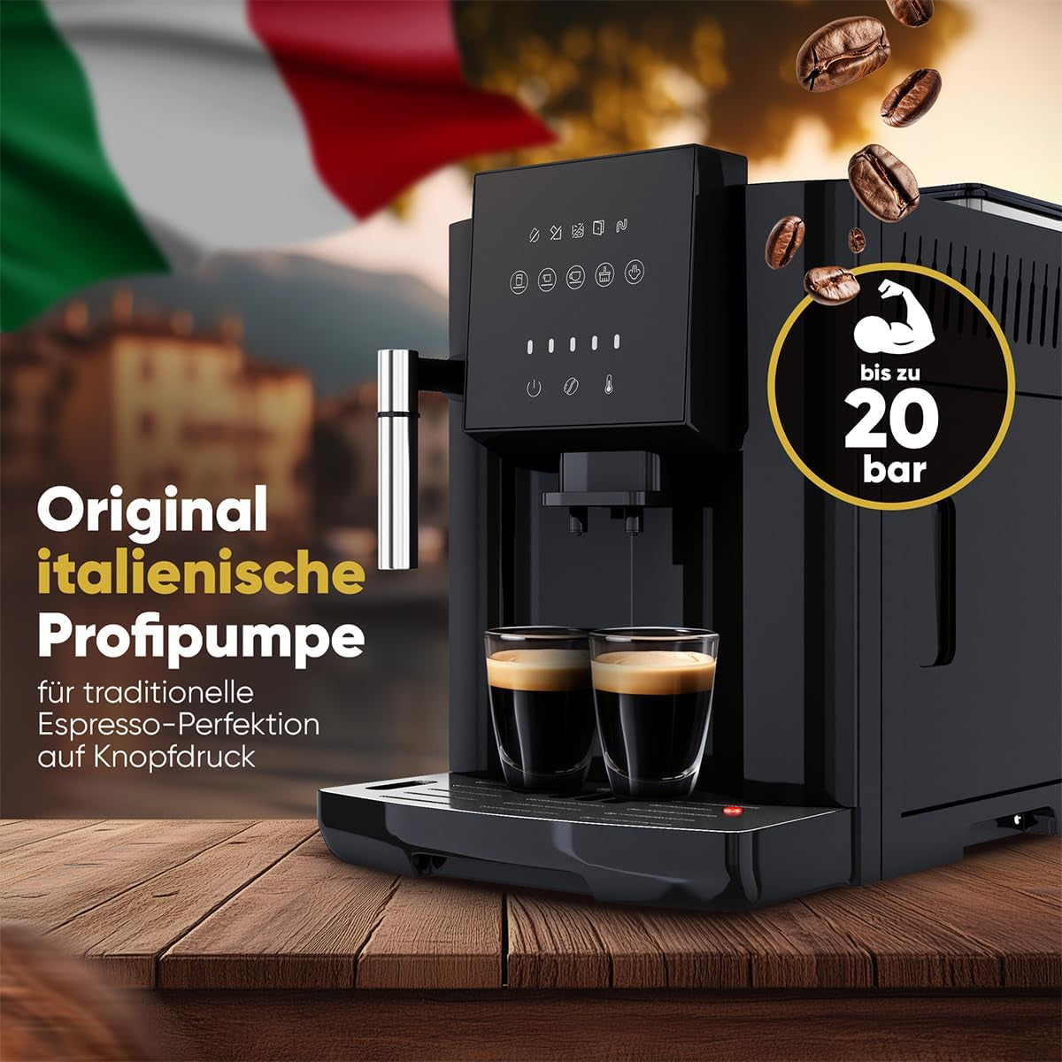 Vollautomatische ProfiCook® Espressomaschine mit Milchaufschäumer für Cappuccino | Kegelmahlwerk | mit Tassenwärmfunktion | Italienische Profipumpe | Touchscreen | Espresso | PC KAV 1281
