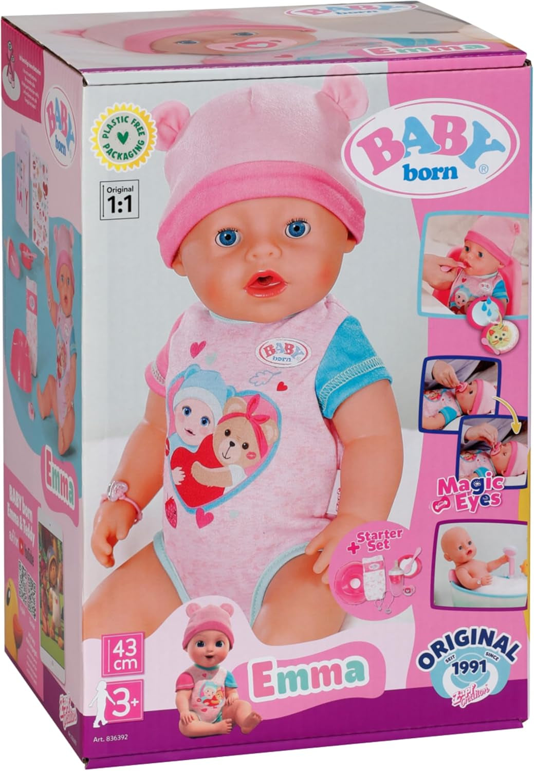 BABY Born Emma – Babypuppe 43 cm – 10 Funktionen inklusive Zubehör und Matratze – Funktioniert komplett ohne Batterien – Geeignet für Kinder ab 3 Jahren