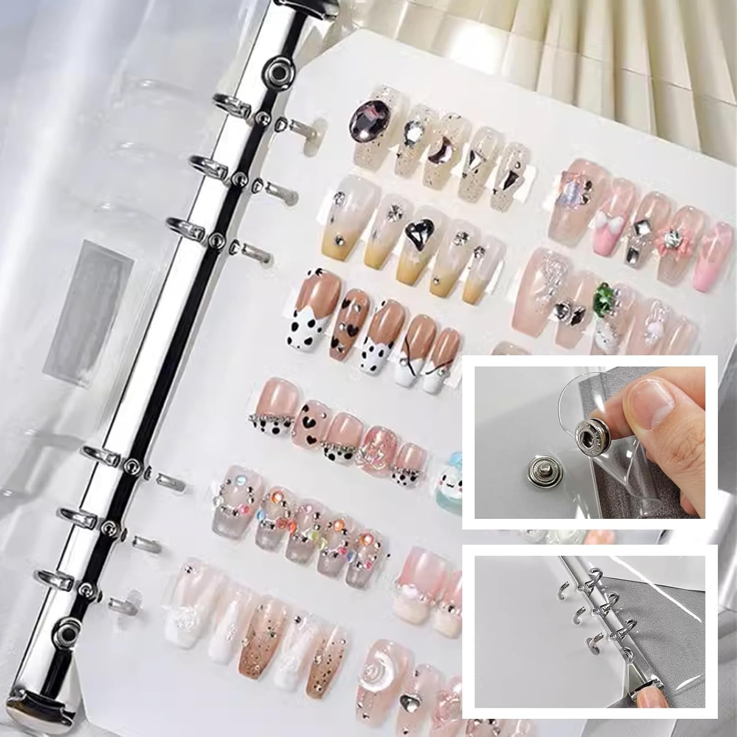 A5-Nagel-Organizer-Set mit Klammerverschluss und herausnehmbaren Blättern – stabile, durchsichtige Box + 6 Klebepads und abnehmbares Kunst-/Klebenagel-Aufbewahrungsbuch – ideal für Aufbewahrung und Präsentation