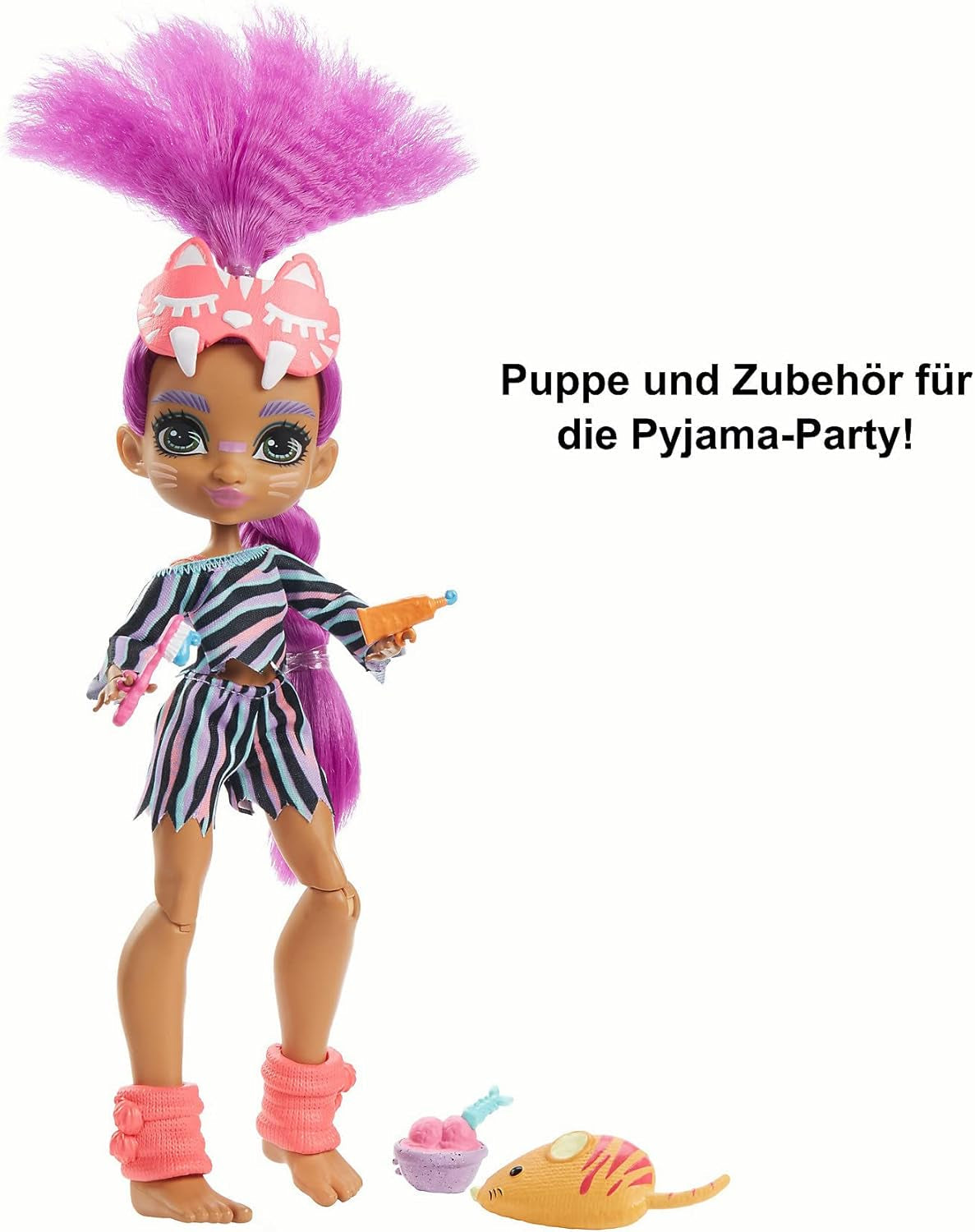 Cave Club GTH02 – Roaralai Pyjama-Partyspaß-Puppe, bewegliche Puppe mit lila Haaren und Accessoires, Geschenk für Kinder ab 4 Jahren, mehrfarbig