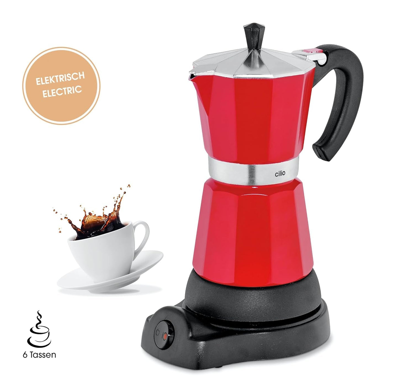 Cilio Classico Espressomaschine für 6 Tassen | elektrisch 480W | Ø 11,5 cm Höhe: 25 cm | Aluminium | rot | integriertes Kochfeld | mit Warmhaltefunktion und Reduzierfilter | für Reisen oder Camping