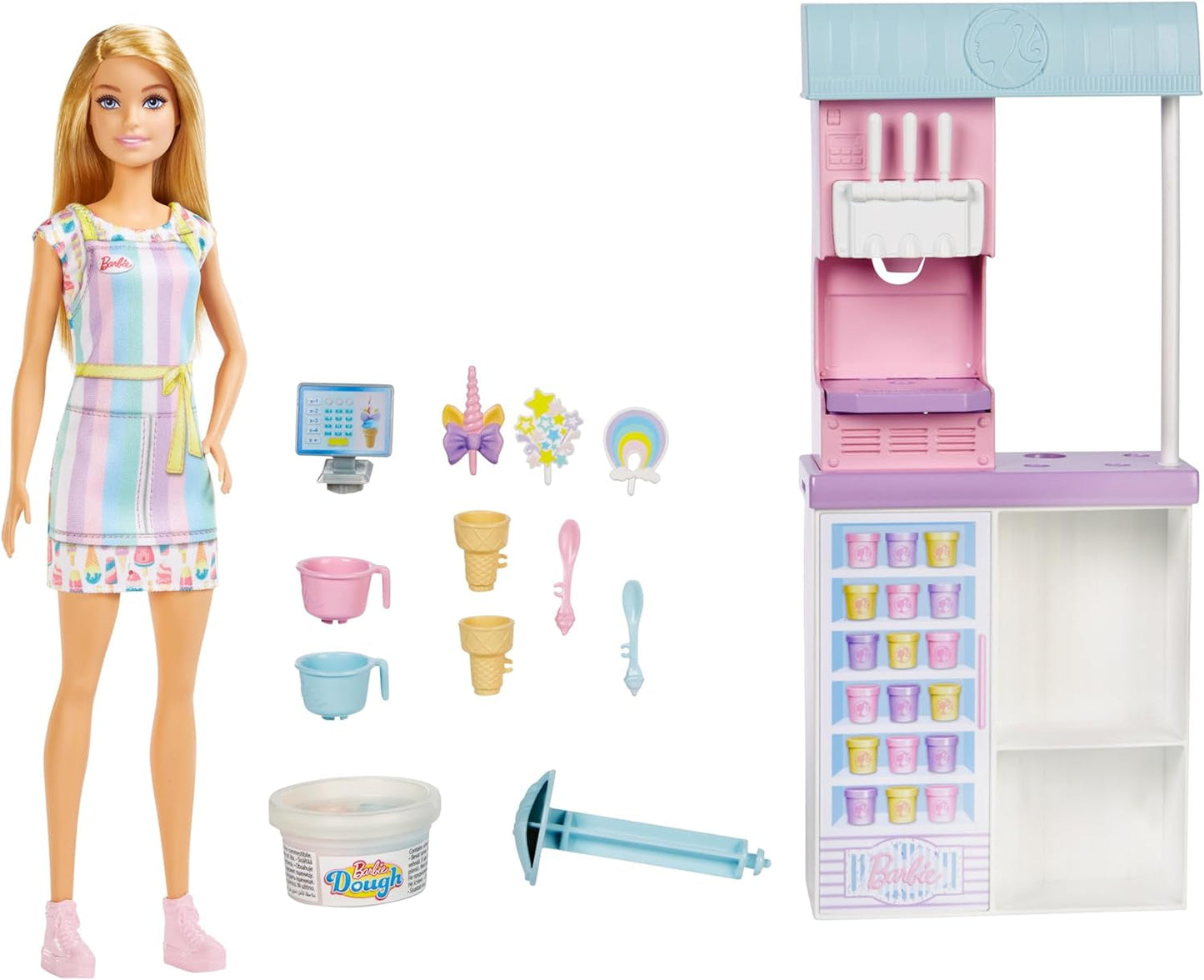 Barbie-Serie „You Can Be Anything“, Eisdiele, 1 Barbie-Puppe mit blonden Haaren, Eismaschine, Barbie Play-Doh, Backzubehör, Kindergeschenk, Spielzeug ab 3 Jahren, HCN46